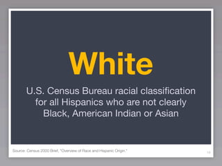 White
       U.S. Census Bureau racial classiﬁcation
         for all Hispanics who are not clearly
           Black, American Indian or Asian


Source: Census 2000 Brief, "Overview of Race and Hispanic Origin."   16
 