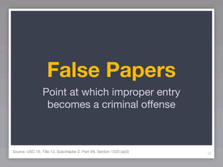 False Papers
                  Point at which improper entry
                   becomes a criminal offense



Source: USC 18, Title 12, Subchapter 2, Part VIII, Section 1325 (a)(3)   22
 