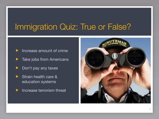 Immigration Quiz: True or False?

 Increase amount of crime

 Take jobs from Americans

 Don’t pay any taxes

 Strain health care &
 education systems

 Increase terrorism threat



                                   3
 