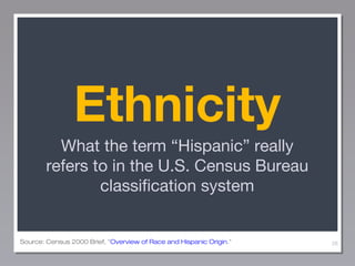 Ethnicity
What the term “Hispanic” really
refers to in the U.S. Census Bureau
classification system

Source: Census 2000 Brief, "Overview of Race and Hispanic Origin."

26

 