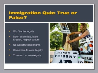 Immigration Quiz: True or
False?

Won’t enter legally
Don’t assimilate, learn
English, respect culture
No Constitutional Rights
Come here to vote illegally
Threaten our sovereignty

5

 