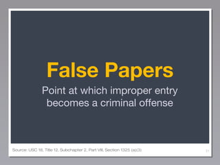 False Papers
Point at which improper entry
becomes a criminal offense

Source: USC 18, Title 12, Subchapter 2, Part VIII, ...