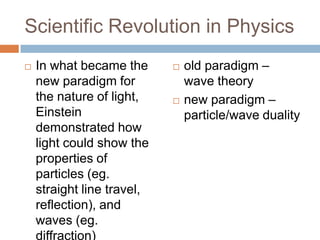 Scientific Revolution in Physics
   In what became the         old paradigm –
    new paradigm for            wave theory
    the nature of light,       new paradigm –
    Einstein                    particle/wave duality
    demonstrated how
    light could show the
    properties of
    particles (eg.
    straight line travel,
    reflection), and
    waves (eg.
    diffraction)
 