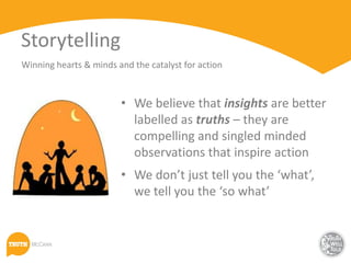 Storytelling
Winning hearts & minds and the catalyst for action



                        • We believe that insights are better
                          labelled as truths – they are
                          compelling and singled minded
                          observations that inspire action
                        • We don’t just tell you the ‘what’,
                          we tell you the ‘so what’
 