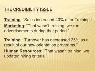 THE CREDIBILITY ISSUE

Training: “Sales increased 40% after Training.”
Marketing: “That wasn’t training, we ran
advertisements during that period.”

Training: “Turnover has decreased 25% as a
result of our new orientation programs.”
Human Resources: “That wasn’t training, we
updated hiring criteria.”
 