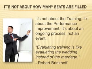IT’S NOT ABOUT HOW MANY SEATS ARE FILLED

               It’s not about the Training, it’s
               about the Performance
               Improvement. It’s about an
               ongoing process, not an
               event.

               “Evaluating training is like
               evaluating the wedding
               instead of the marriage.”
               - Robert Brinkhoff
 