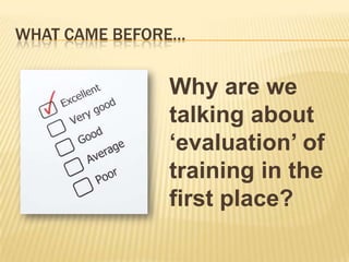 WHAT CAME BEFORE…


               Why are we
               talking about
               ‘evaluation’ of
               training in the
               first place?
 