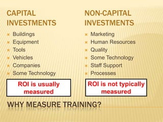 CAPITAL               NON-CAPITAL
INVESTMENTS           INVESTMENTS
   Buildings            Marketing
   Equipment            Human Resources
   Tools                Quality
   Vehicles             Some Technology
   Companies            Staff Support
   Some Technology      Processes

     ROI is usually   ROI is not typically
      measured            measured

WHY MEASURE TRAINING?
 