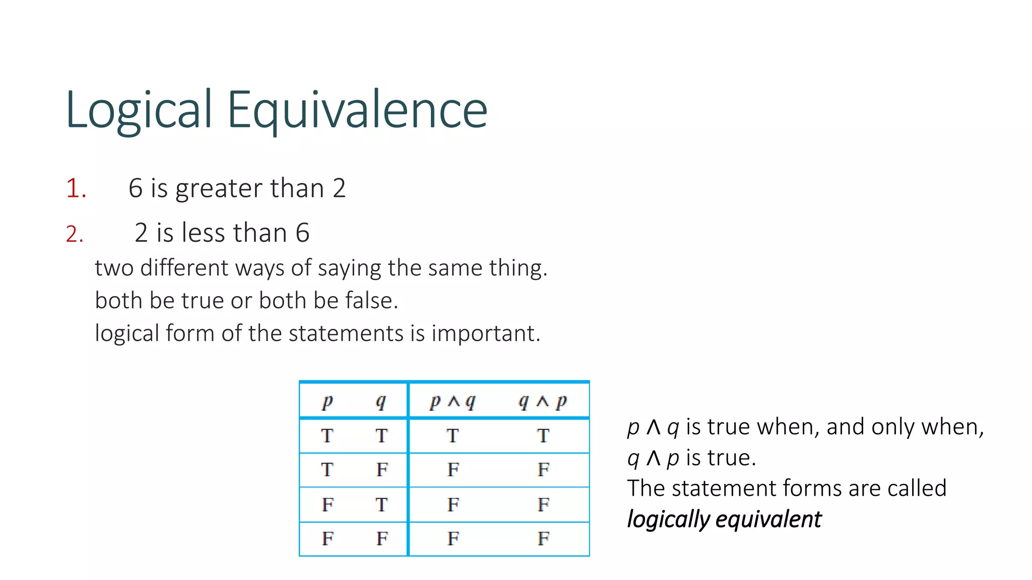 Logical Equivalence
1. 6 is greater than 2
2. 2 is less than 6
two different ways of saying the same thing.
both be true or both be false.
logical form of the statements is important.
p ∧ q is true when, and only when,
q ∧ p is true.
The statement forms are called
logically equivalent
 