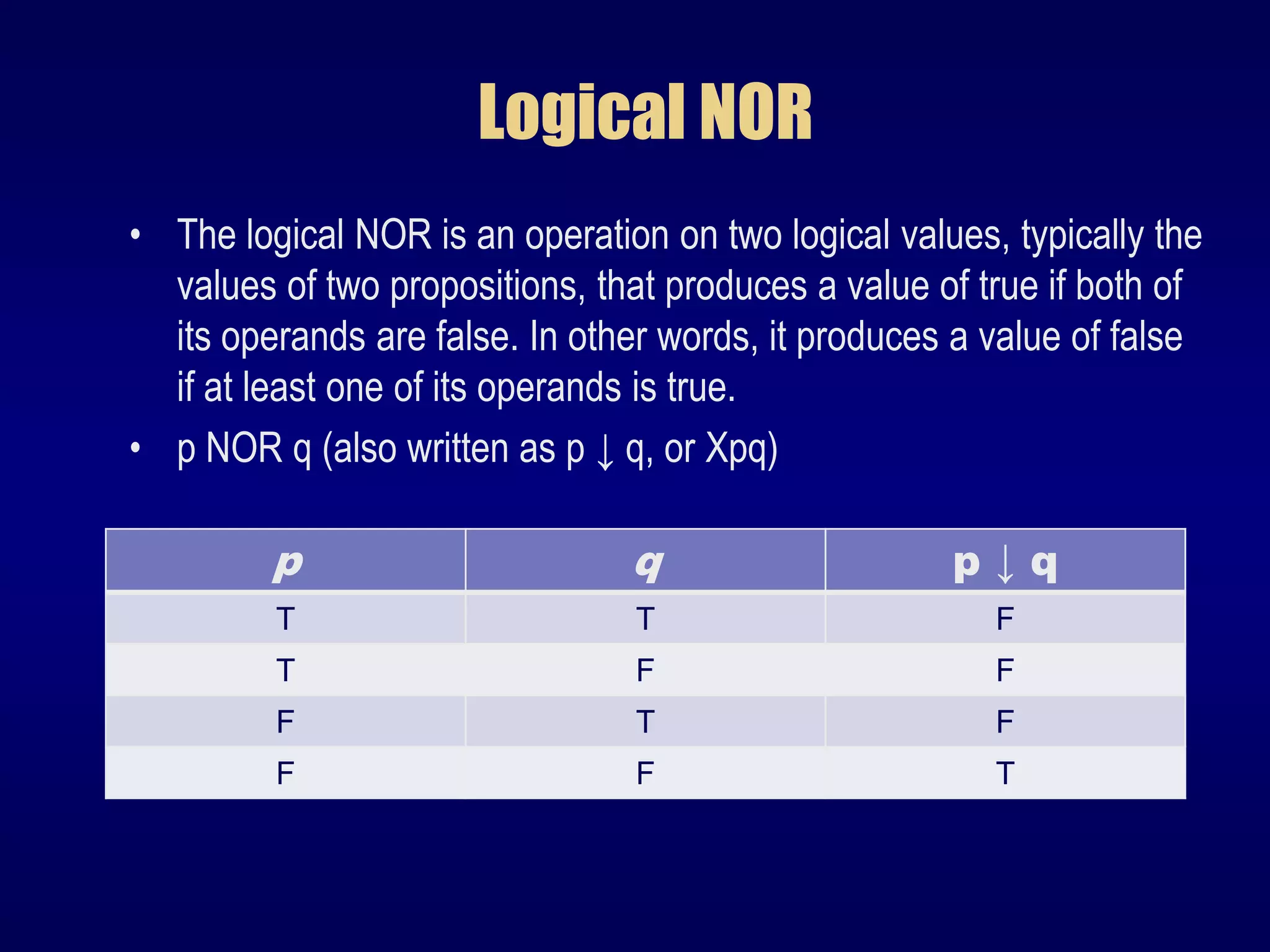 Logical NOR
• The logical NOR is an operation on two logical values, typically the
values of two propositions, that produces a value of true if both of
its operands are false. In other words, it produces a value of false
if at least one of its operands is true.
• p NOR q (also written as p ↓ q, or Xpq)
p q p ↓ q
T T F
T F F
F T F
F F T
 