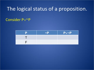 The logical status of a proposition. Consider P  ~P  P ~P P  ~P  T F 