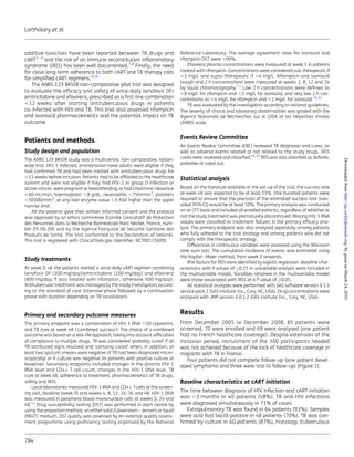 additive toxicities have been reported between TB drugs and
cART3 – 6
and the risk of an immune reconstitution inﬂammatory
syndrome (IRIS) has been well documented.7,8
Finally, the need
for close long-term adherence to both cART and TB therapy calls
for simpliﬁed cART regimens.9,10
The ANRS 129 BKVIR non-comparative pilot trial was designed
to evaluate the efﬁcacy and safety of once-daily tenofovir DF/
emtricitabine and efavirenz, prescribed as a ﬁrst-line combination
,12 weeks after starting antituberculous drugs in patients
co-infected with HIV and TB. This trial also assessed rifampicin
and isoniazid pharmacokinetics and the potential impact on TB
outcome.
Patients and methods
Study design and population
The ANRS 129 BKVIR study was a multicentre, non-comparative, nation-
wide trial. HIV-1-infected, antiretroviral-naive adults were eligible if they
had conﬁrmed TB and had been treated with antituberculous drugs for
,12 weeks before inclusion. Patients had to be afﬁliated to the healthcare
system and were not eligible if they had HIV-2 or group O infection or
active cancer, were pregnant or breastfeeding, or had creatinine clearance
,60 mL/min, haemoglobin ,8 g/dL, neutrophils ,750/mm3
, platelets
,50000/mm3
, or any liver enzyme value .3-fold higher than the upper
normal limit.
All the patients gave their written informed consent and the protocol
was approved by an ethics committee (Comite´ Consultatif de Protection
des Personnes dans la Recherche Biome´dicale Paris Necker, France, num-
ber 05-06-09) and by the Agence Franc¸aise de Se´curite´ Sanitaire des
Produits de Sante´. The trial conformed to the Declaration of Helsinki.
This trial is registered with ClinicalTrials.gov (identiﬁer: NCT00115609).
Study treatments
At week 0, all the patients started a once-daily cART regimen combining
tenofovir DF (300 mg/day)/emtricitabine (200 mg/day) and efavirenz
(800 mg/day if also treated with rifampicin, otherwise 600 mg/day).
Antitubercular treatment was managed by the study investigators accord-
ing to the standard of care (intensive phase followed by a continuation
phase with duration depending on TB localization).
Primary and secondary outcome measures
The primary endpoint was a combination of HIV-1 RNA ,50 copies/mL
and TB cure at week 48 (‘combined success’). The choice of a combined
outcome was based on a real-life approach, taking into account difﬁculties
of compliance to multiple drugs. TB was considered ‘probably cured’ if all
TB-attributed signs resolved and ‘certainly cured’ when, in addition, at
least two sputum smears were negative (if TB had been diagnosed micro-
scopically) or if culture was negative (in patients with positive culture at
baseline). Secondary endpoints included changes in the plasma HIV-1
RNA level and CD4+ T cell count, changes in the HIV-1 DNA level, TB
cure at week 48, adherence to treatment, pharmacokinetics of TB drugs,
safety and IRIS.
Local laboratories measured HIV-1 RNA and CD4+ Tcells at the screen-
ing visit, baseline (week 0) and weeks 4, 8, 12, 24, 36 and 48. HIV-1 DNA
was measured in peripheral blood mononuclear cells at weeks 0, 24 and
48.11
Drug susceptibility testing (DST) was performed in each centre by
using the proportion method, on either solid (Lo¨wenstein–Jensen) or liquid
(MGIT) medium. DST quality was assessed by an external quality assess-
ment programme using proﬁciency testing organized by the National
Reference Laboratory. The average agreement rates for isoniazid and
rifampicin DST were .90%.
Efavirenz plasma concentrations were measured at week 2 in patients
treated with rifampicin. Concentrations were considered sub-therapeutic if
,1 mg/L and supra-therapeutic if .4 mg/L. Rifampicin and isoniazid
trough and 2 h concentrations were measured at weeks 2, 8, 12 and 24
by liquid chromatography.12
Low 2 h concentrations were deﬁned as
,8 mg/L for rifampicin and ,3 mg/L for isoniazid, and very low 2 h con-
centrations as ,4 mg/L for rifampicin and ,2 mg/L for isoniazid.13,14
TB was evaluated by the investigators according to national guidelines.
The severity of clinical and laboratory abnormalities was graded with the
Agence Nationale de Recherches sur le SIDA et les He´patites Virales
(ANRS) scale.
Events Review Committee
An Events Review Committee (ERC) reviewed TB diagnoses and cures, as
well as adverse events related or not related to the study drugs. IRIS
cases were reviewed and classiﬁed.15,16
IRIS was also classiﬁed as deﬁnite,
probable or ruled out.
Statistical analysis
Based on the literature available at the set-up of the trial, the success rate
at week 48 was expected to be at least 55%. One hundred patients were
required to ensure that the precision of the estimated success rate (two-
sided 95% CI) would be at least 10%. The primary analysis was conducted
on an ITT basis and included all enrolled patients, regardless of whether or
not the study treatment was prematurely discontinued. Missing HIV-1 RNA
values were classiﬁed as treatment failures in the primary efﬁcacy ana-
lysis. The primary endpoint was also analysed separately among patients
who fully adhered to the trial strategy and among patients who did not
comply with the therapeutic strategy.
Differences in continuous variables were assessed using the Wilcoxon
rank-sum test. The cumulative incidence of events was estimated using
the Kaplan–Meier method, from week 0 onwards.
Risk factors for IRIS were identiﬁed by logistic regression. Baseline char-
acteristics with P values of ≤0.25 in univariable analysis were included in
the multivariable model. Variables retained in the multivariable model
were those associated with IRIS at a P value of ≤0.05.
All statistical analyses were performed with SAS software version 9.1.3
service pack 2 (SAS institute Inc., Cary, NC, USA). Drug concentrations were
analysed with JMP version 5.0.1.2 (SAS institute Inc., Cary, NC, USA).
Results
From December 2005 to December 2008, 85 patients were
screened, 70 were enrolled and 69 were analysed (one patient
had no French healthcare coverage). Despite extension of the
inclusion period, recruitment of the 100 participants needed
was not achieved because of the lack of healthcare coverage in
migrants with TB in France.
Four patients did not complete follow-up (one patient devel-
oped lymphoma and three were lost to follow-up) (Figure 1).
Baseline characteristics at cART initiation
The time between diagnosis of HIV infection and cART initiation
was ,3 months in 40 patients (58%). TB and HIV infections
were diagnosed simultaneously in 71% of cases.
Extrapulmonary TB was found in 64 patients (93%). Samples
were acid-fast bacilli-positive in 48 patients (70%). TB was con-
ﬁrmed by culture in 60 patients (87%), histology (tuberculous
Lortholary et al.
784
byguestonMarch24,2016http://jac.oxfordjournals.org/Downloadedfrom
 