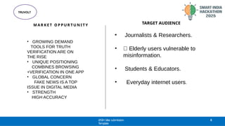 M A R K E T O P P U R T U N I T Y
TRUVOLT
@SIH Idea submission-
Template
6
.
TARGET AUDIENCE
• ‍Journalists & Researchers.
• 🧓 Elderly users vulnerable to
misinformation.
• ‍Students & Educators.
• ‍Everyday internet users.
• GROWING DEMAND
TOOLS FOR TRUTH
VERIFICATION ARE ON
THE RISE
• UNIQUE POSITIONING
COMBINES BROWSING
+VERIFICATION IN ONE APP
• GLOBAL CONCERN
FAKE NEWS IS A TOP
ISSUE IN DIGITAL MEDIA
• STRENGTH
HIGH ACCURACY
 