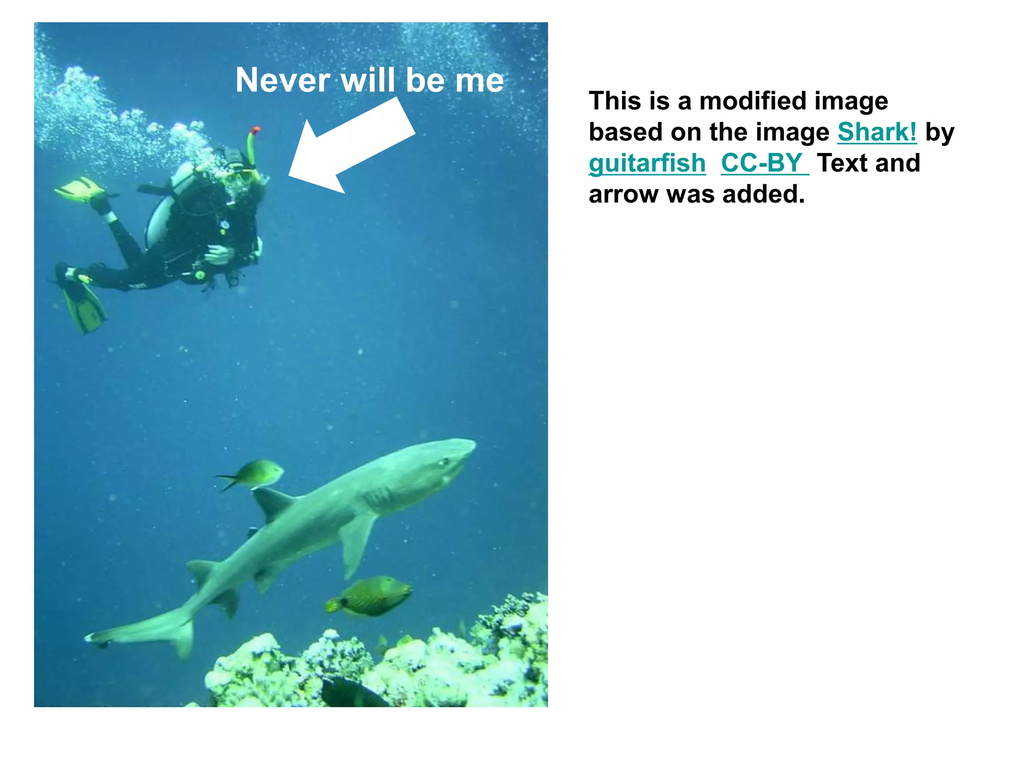 This is a modified image
based on the image Shark! by
guitarfish CC-BY Text and
arrow was added.
Never will be me
 