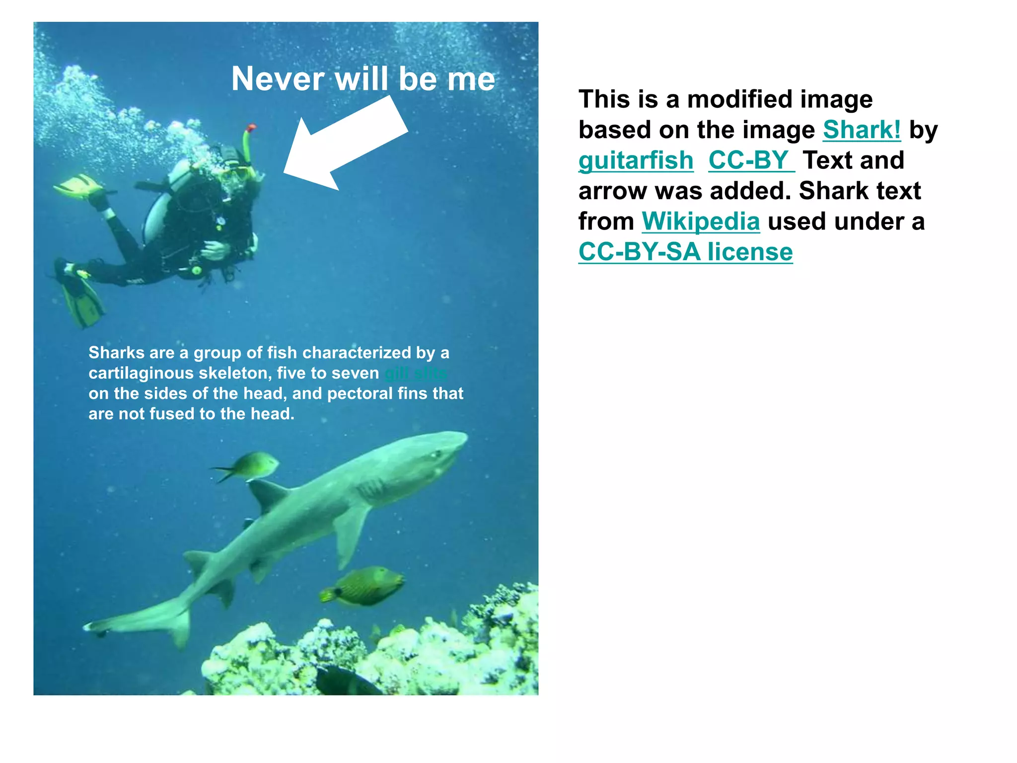 This is a modified image
based on the image Shark! by
guitarfish CC-BY Text and
arrow was added. Shark text
from Wikipedia used under a
CC-BY-SA license
Never will be me
Sharks are a group of fish characterized by a
cartilaginous skeleton, five to seven gill slits
on the sides of the head, and pectoral fins that
are not fused to the head.
 