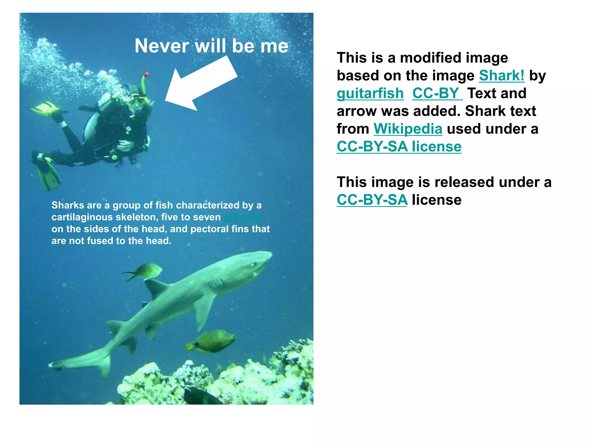 This is a modified image
based on the image Shark! by
guitarfish CC-BY Text and
arrow was added. Shark text
from Wikipedia used under a
CC-BY-SA license
This image is released under a
CC-BY-SA license
Never will be me
Sharks are a group of fish characterized by a
cartilaginous skeleton, five to seven gill slits
on the sides of the head, and pectoral fins that
are not fused to the head.
 