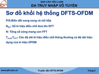 BÁO CÁO TIỂU LUẬN 
ĐA TRUY NHẬP VÔ TUYẾN 
Sơ đồ khối hệ thống DFTS-OFDM 
P/S:Biến đổi song song và nối tiếp 
NSC: Số kí hiệu điều chế đưa lên DFT 
N: Tổng số sóng mang con FFT 
Tmod,TFFT: Các độ dài kí hiệu điều chế thông thường và độ dài hiệu 
dụng của kí hiệu OFDM 
www.ptit.edu.vn Truyền dẫn DFTS-OFDM Trang 5 
 