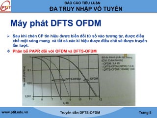BÁO CÁO TIỂU LUẬN 
ĐA TRUY NHẬP VÔ TUYẾN 
Máy phát DFTS OFDM 
 Sau khi chèn CP tín hiệu được biến đổi từ số vào tương tự, được điều 
chế một sóng mang và tất cả các kí hiệu được điều chế sẽ được truyền 
lần lượt. 
 Phân bố PAPR đối với OFDM và DFTS-OFDM 
www.ptit.edu.vn Truyền dẫn DFTS-OFDM Trang 8 
 
