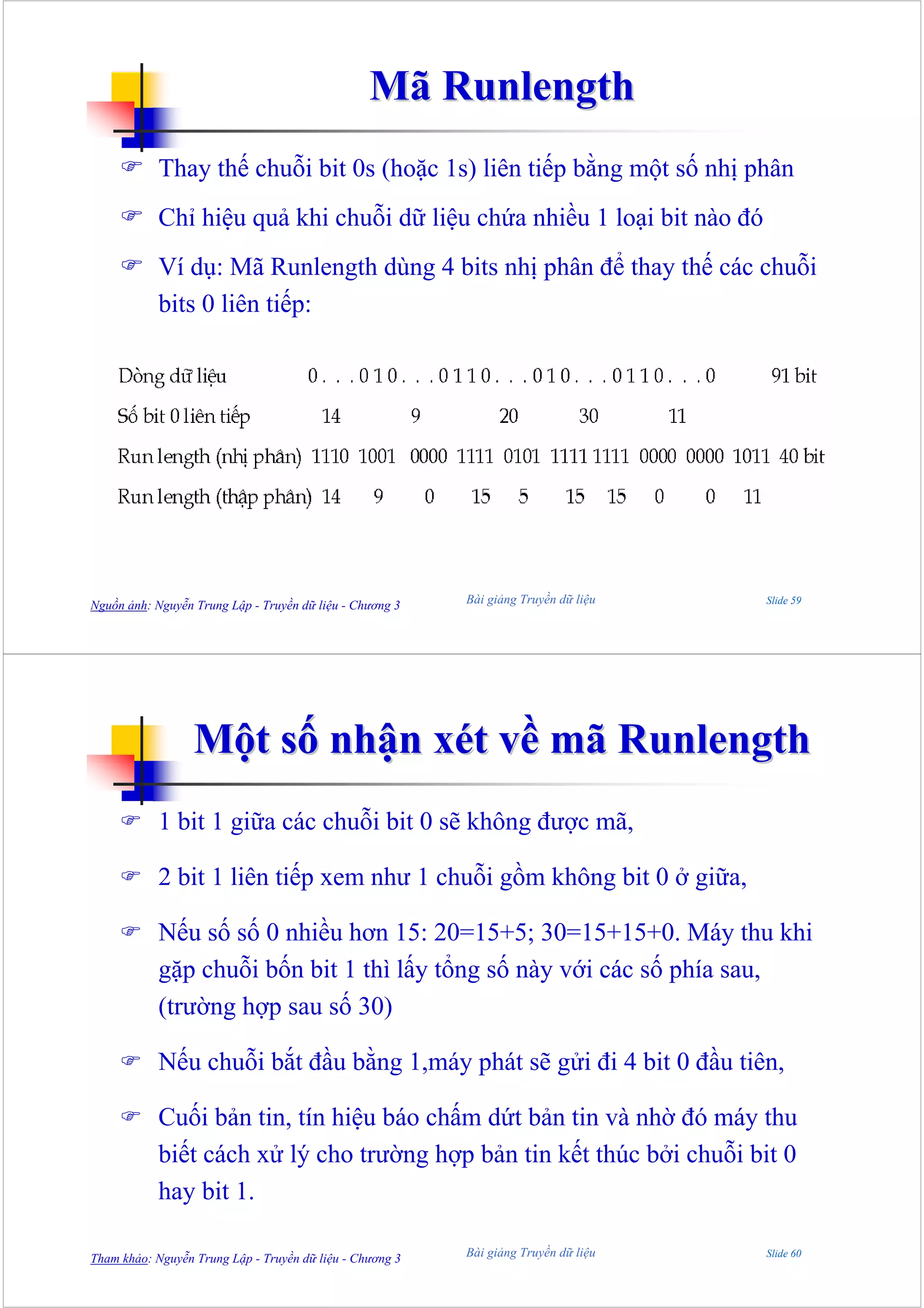 Mã Runlength
            Thay thế chuỗi bit 0s (hoặc 1s) liên tiếp bằng một số nhị phân
            Chỉ hiệu quả khi chuỗi dữ liệu chứa nhiều 1 loại bit nào đó
            Ví dụ: Mã Runlength dùng 4 bits nhị phân để thay thế các chuỗi
            bits 0 liên tiếp:




Nguồn ảnh: Nguyễn Trung Lập - Truyền dữ liệu - Chương 3   Bài giảng Truyền dữ liệu   Slide 59




                  Một số nhận xét về mã Runlength
            1 bit 1 giữa các chuỗi bit 0 sẽ không được mã,

            2 bit 1 liên tiếp xem như 1 chuỗi gồm không bit 0 ở giữa,

            Nếu số số 0 nhiều hơn 15: 20=15+5; 30=15+15+0. Máy thu khi
            gặp chuỗi bốn bit 1 thì lấy tổng số này với các số phía sau,
            (trường hợp sau số 30)

            Nếu chuỗi bắt đầu bằng 1,máy phát sẽ gửi đi 4 bit 0 đầu tiên,

            Cuối bản tin, tín hiệu báo chấm dứt bản tin và nhờ đó máy thu
            biết cách xử lý cho trường hợp bản tin kết thúc bởi chuỗi bit 0
            hay bit 1.

Tham khảo: Nguyễn Trung Lập - Truyền dữ liệu - Chương 3   Bài giảng Truyền dữ liệu   Slide 60
 