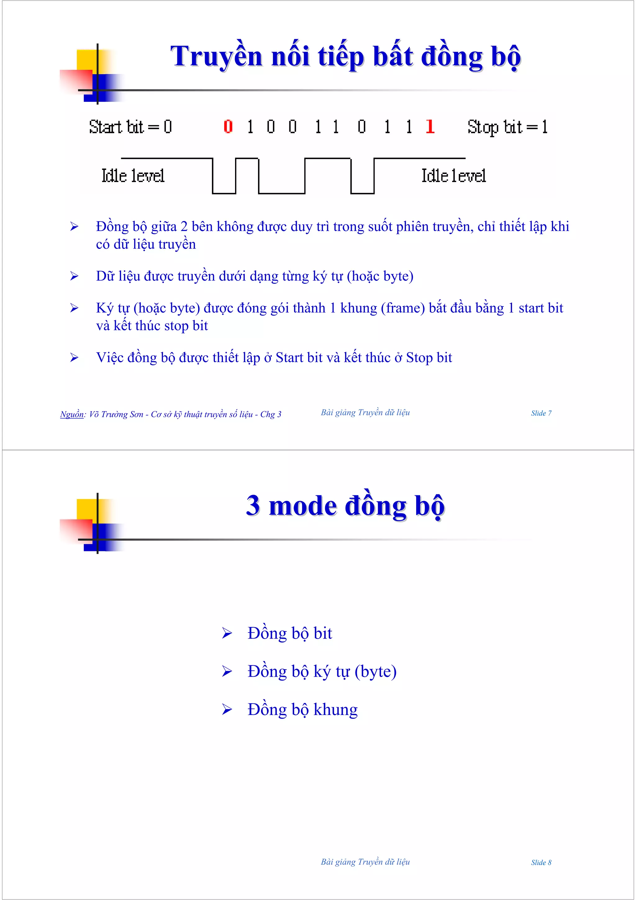 Truyền nối tiếp bất đồng bộ




         Đồng bộ giữa 2 bên không được duy trì trong suốt phiên truyền, chỉ thiết lập khi
         có dữ liệu truyền

         Dữ liệu được truyền dưới dạng từng ký tự (hoặc byte)

         Ký tự (hoặc byte) được đóng gói thành 1 khung (frame) bắt đầu bằng 1 start bit
         và kết thúc stop bit

         Việc đồng bộ được thiết lập ở Start bit và kết thúc ở Stop bit


Nguồn: Võ Trường Sơn - Cơ sở kỹ thuật truyền số liệu - Chg 3   Bài giảng Truyền dữ liệu   Slide 7




                                                  3 mode đồng bộ



                                                  Đồng bộ bit

                                                  Đồng bộ ký tự (byte)

                                                  Đồng bộ khung




                                                               Bài giảng Truyền dữ liệu   Slide 8
 
