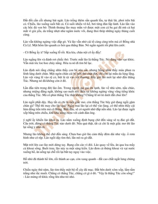 t i c n c i nhưng bát ngát. Lão tr ng thêm s n quanh l u, t thái lát, phơi trên bãi
c . Chi u, lão xu ng su i b t cá. Cá su i nhi u vô k , bơi t ng àn l p lánh. Lão l n vào
các h c á ven b . Th nh tho ng lão may m n v ư c m t con cá ba gai ã mù c hai
m t vì già y u, da tr ng nh t như ngâm nư c vôi, ang thoi thóp nh ng ngày tháng cu i
cùng.
Lão v n không ng ng vi c p gò. Và lão v n nh cái t cùng cùng trên má cô B ng nhà
C L . M t hôm lão quanh co h i qua th ng B n. Nó ng n ngư i r i phá lên cư i:
- Cô B ng y à? S p xu ng l r i. Kia kìa, cháu n i cô y y!
Lão ng ng lên và ánh rơi chi c thó. Trư c m t lão là th ng Túc. Nó ang vào v o khóc.
V n mái tóc loe hoe cháy n ng. Hóa ra nó i tìm bê l c.
Lão nh nói r ng ch ng nhìn th y con bê nào s t, nhưng b ng nhìn th y máu phun ra
lênh láng dư i chân. M t ngón chân cái b lư i thó ch t t, ch còn l i m u da l ng l ng.
Lão v i vàng lê vào r c , b t lá r t vào v t thương. B y gi lão m i l i nh n th ng
Túc. Nhưng nó ã không còn ó.
L n u tiên trong i lão m. Trong ngư i gai gai n l nh, lão v nhà s m, n u cháo,
nhưng mi ng ng ng t, không sao nu t n i. Bên tai không ng ng văng v ng ti ng khóc
c a th ng Túc. Mà có ph i th ng Túc th t không? Ch ng l nó t dư i t chui lên?
Lão ng i ph t d y. Hay t t c ch là m t gi c mơ, còn th ng Túc bây gi ang ng i g m
chân gà? Th thì may cho lão quá! Ngày mai lão l i có th vào làng, có th nhìn th y cái
lúm ng ti n trên má cô B ng. Bi t âu, s có ngư i nh p n n nhà. Lão l i ư c ng i
x p b ng trên chi u, kh khà u ng rư u v i cánh àn ông.
ý nghĩ y khi n lão kho ra. Lão n m xu ng nh b ng ch n sáng s ra ào gò t.
C u tr i, ng có th ng Túc nào dư i ó. N u qu th t, t t c ch là m t gi c mơ thì lão
l i s ng y như cũ.
Nhưng lão không th ch n sáng. Chưa bao gi lão c m th y êm dài như v y. rơm
hình như có r p. Lão ng i d y tìm thó, l n mò ra gò t.
M t tr i lên cao lão m i d ng tay. B ng c n cào vì ói. Lão quay v l u, ăn qua loa m y
c khoai s ng. Bu i trưa, lão n y ra m t sáng ki n. Lão em c thúng khoai và v i nư c
xu ng h , ăn u ng t i ch r i l i b t tay ngay vào vi c.
H nh ã thành h l n, r i thành ao c n, còn xung quanh - t cao ch t ng t lưng ch ng
tr i.
Chi u ngày th năm, lão tìm th y m t b r cây ã m c. t bên dư i xôm x p, l m t m
tr ng như r c mu i. Ch ng có th ng Túc, ch ng có gì ó. “V y là th ng Túc còn s ng!”
- Lão m ng r khóc r ng lên như tr nh .
 