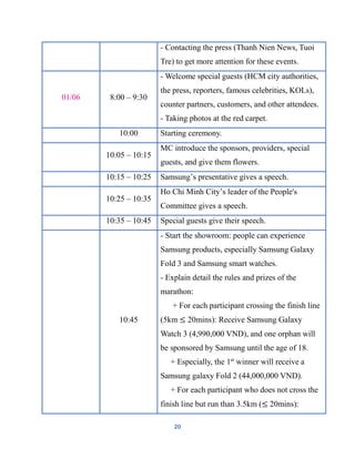 20
- Contacting the press (Thanh Nien News, Tuoi
Tre) to get more attention for these events.
01/06 8:00 – 9:30
- Welcome special guests (HCM city authorities,
the press, reporters, famous celebrities, KOLs),
counter partners, customers, and other attendees.
- Taking photos at the red carpet.
10:00 Starting ceremony.
10:05 – 10:15
MC introduce the sponsors, providers, special
guests, and give them flowers.
10:15 – 10:25 Samsung’s presentative gives a speech.
10:25 – 10:35
Ho Chi Minh City’s leader of the People's
Committee gives a speech.
10:35 – 10:45 Special guests give their speech.
10:45
- Start the showroom: people can experience
Samsung products, especially Samsung Galaxy
Fold 3 and Samsung smart watches.
- Explain detail the rules and prizes of the
marathon:
+ For each participant crossing the finish line
(5km ≤ 20mins): Receive Samsung Galaxy
Watch 3 (4,990,000 VND), and one orphan will
be sponsored by Samsung until the age of 18.
+ Especially, the 1st
winner will receive a
Samsung galaxy Fold 2 (44,000,000 VND).
+ For each participant who does not cross the
finish line but run than 3.5km (≤ 20mins):
 