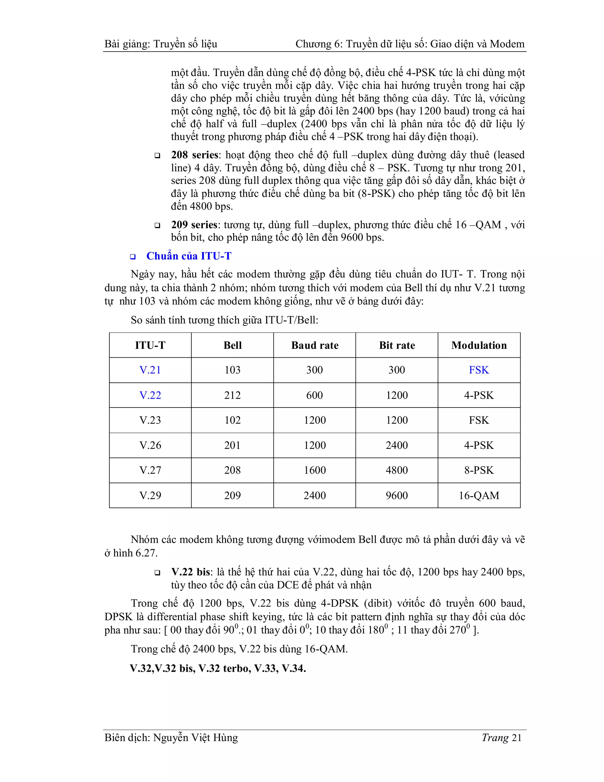 Bài giảng: Truyền số liệu                  Chương 6: Truyền dữ liệu số: Giao diện và Modem

                một đầu. Truyền dẫn dùng chế độ đồng bộ, điều chế 4-PSK tức là chỉ dùng một
                tần số cho việc truyền mỗi cặp dây. Việc chia hai hướng truyền trong hai cặp
                dây cho phép mỗi chiều truyền dùng hết băng thông của dây. Tức là, vớicùng
                một công nghệ, tốc độ bit là gấp đôi lên 2400 bps (hay 1200 baud) trong cả hai
                chế độ half và full –duplex (2400 bps vẫn chỉ là phân nửa tốc độ dữ liệu lý
                thuyết trong phương pháp điều chế 4 –PSK trong hai dây điện thoại).
               208 series: hoạt động theo chế độ full –duplex dùng đường dây thuê (leased
                line) 4 dây. Truyền đồng bộ, dùng điều chế 8 – PSK. Tương tự như trong 201,
                series 208 dùng full duplex thông qua việc tăng gấp đôi số dây dẫn, khác biệt ở
                đây là phương thức điều chế dùng ba bit (8-PSK) cho phép tăng tốc độ bit lên
                đến 4800 bps.
               209 series: tương tự, dùng full –duplex, phương thức điều chế 16 –QAM , với
                bốn bit, cho phép nâng tốc độ lên đến 9600 bps.
         Chuẩn của ITU-T
     Ngày nay, hầu hết các modem thường gặp đều dùng tiêu chuẩn do IUT- T. Trong nội
dung này, ta chia thành 2 nhóm; nhóm tương thích với modem của Bell thí dụ như V.21 tương
tự như 103 và nhóm các modem không giống, như vẽ ở bảng dưới đây:
     So sánh tính tương thích giữa ITU-T/Bell:

      ITU-T                 Bell          Baud rate           Bit rate        Modulation

         V.21               103               300               300               FSK

         V.22               212               600              1200              4-PSK

         V.23               102              1200              1200               FSK

         V.26               201              1200              2400              4-PSK

         V.27               208              1600              4800              8-PSK

         V.29               209              2400              9600             16-QAM


      Nhóm các modem không tương đượng vớimodem Bell được mô tả phần dưới đây và vẽ
ở hình 6.27.
               V.22 bis: là thế hệ thứ hai của V.22, dùng hai tốc độ, 1200 bps hay 2400 bps,
                tùy theo tốc độ cần của DCE để phát và nhận
     Trong chế độ 1200 bps, V.22 bis dùng 4-DPSK (dibit) vớitốc đô truyền 600 baud,
DPSK là differential phase shift keying, tức là các bit pattern định nghĩa sự thay đổi của dóc
pha như sau: [ 00 thay đổi 90 0.; 01 thay đổi 0 0; 10 thay đổi 1800 ; 11 thay đổi 2700 ].
     Trong chế độ 2400 bps, V.22 bis dùng 16-QAM.
     V.32,V.32 bis, V.32 terbo, V.33, V.34.




Biên dịch: Nguyễn Việt Hùng                                                          Trang 21
 