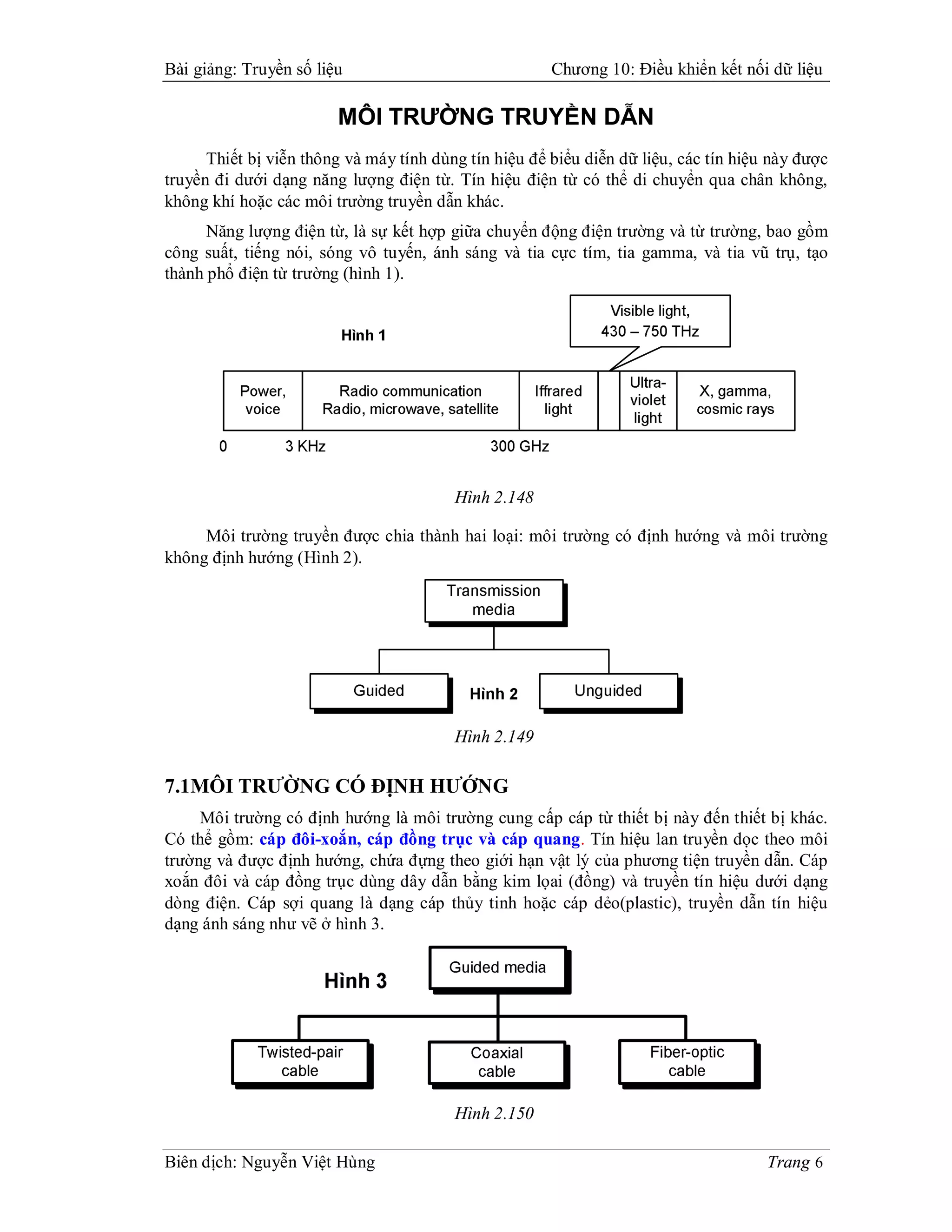 Bài giảng: Truyền số liệu                              Chương 10: Điều khiển kết nối dữ liệu

                        MÔI TRƯỜNG TRUYỀN DẪN
      Thiết bị viễn thông và máy tính dùng tín hiệu để biểu diễn dữ liệu, các tín hiệu này được
truyền đi dưới dạng năng lượng điện từ. Tín hiệu điện từ có thể di chuyển qua chân không,
không khí hoặc các môi trường truyền dẫn khác.
      Năng lượng điện từ, là sự kết hợp giữa chuyển động điện trường và từ trường, bao gồm
công suất, tiếng nói, sóng vô tuyến, ánh sáng và tia cực tím, tia gamma, và tia vũ trụ, tạo
thành phổ điện từ trường (hình 1).




                                         Hình 2.148

     Môi trường truyền được chia thành hai loại: môi trường có định hướng và môi trường
không định hướng (Hình 2).




                                         Hình 2.149

7.1MÔI TRƯỜNG CÓ ĐỊNH HƯỚNG
     Môi trường có định hướng là môi trường cung cấp cáp từ thiết bị này đến thiết bị khác.
Có thể gồm: cáp đôi-xoắn, cáp đồng trục và cáp quang. Tín hiệu lan truyền dọc theo môi
trường và được định hướng, chứa đựng theo giới hạn vật lý của phương tiện truyền dẫn. Cáp
xoắn đôi và cáp đồng trục dùng dây dẫn bằng kim lọai (đồng) và truyền tín hiệu dưới dạng
dòng điện. Cáp sợi quang là dạng cáp thủy tinh hoặc cáp dẻo(plastic), truyền dẫn tín hiệu
dạng ánh sáng như vẽ ở hình 3.




                                         Hình 2.150

Biên dịch: Nguyễn Việt Hùng                                                           Trang 6
 