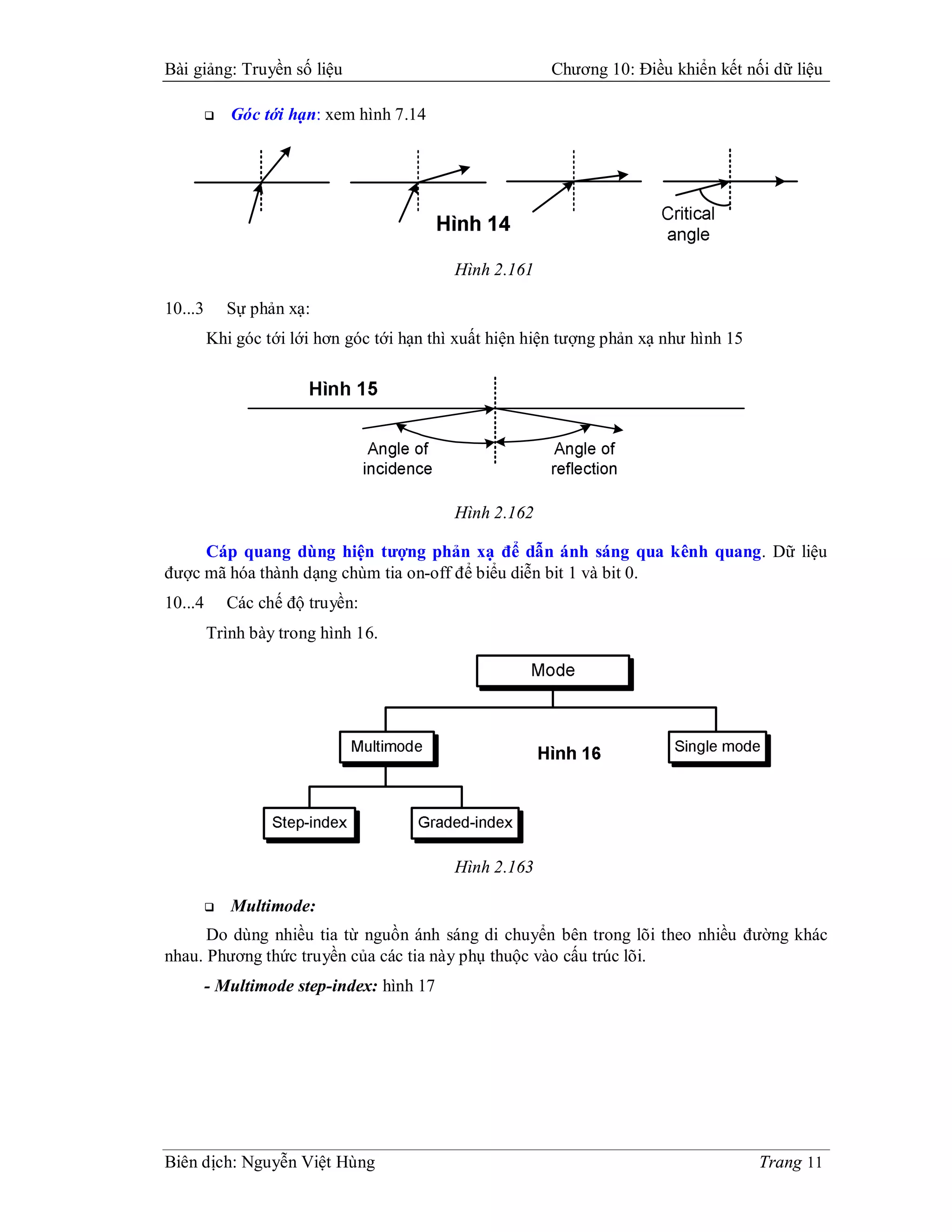Bài giảng: Truyền số liệu                                Chương 10: Điều khiển kết nối dữ liệu

            Góc tới hạn: xem hình 7.14




                                            Hình 2.161

10...3       Sự phản xạ:
         Khi góc tới lới hơn góc tới hạn thì xuất hiện hiện tượng phản xạ như hình 15




                                            Hình 2.162

     Cáp quang dùng hiện tượng phản xạ để dẫn ánh sáng qua kênh quang. Dữ liệu
được mã hóa thành dạng chùm tia on-off để biểu diễn bit 1 và bit 0.
10...4       Các chế độ truyền:
         Trình bày trong hình 16.




                                            Hình 2.163

            Multimode:
      Do dùng nhiều tia từ nguồn ánh sáng di chuyển bên trong lõi theo nhiều đường khác
nhau. Phương thức truyền của các tia này phụ thuộc vào cấu trúc lõi.
         - Multimode step-index: hình 17




Biên dịch: Nguyễn Việt Hùng                                                             Trang 11
 