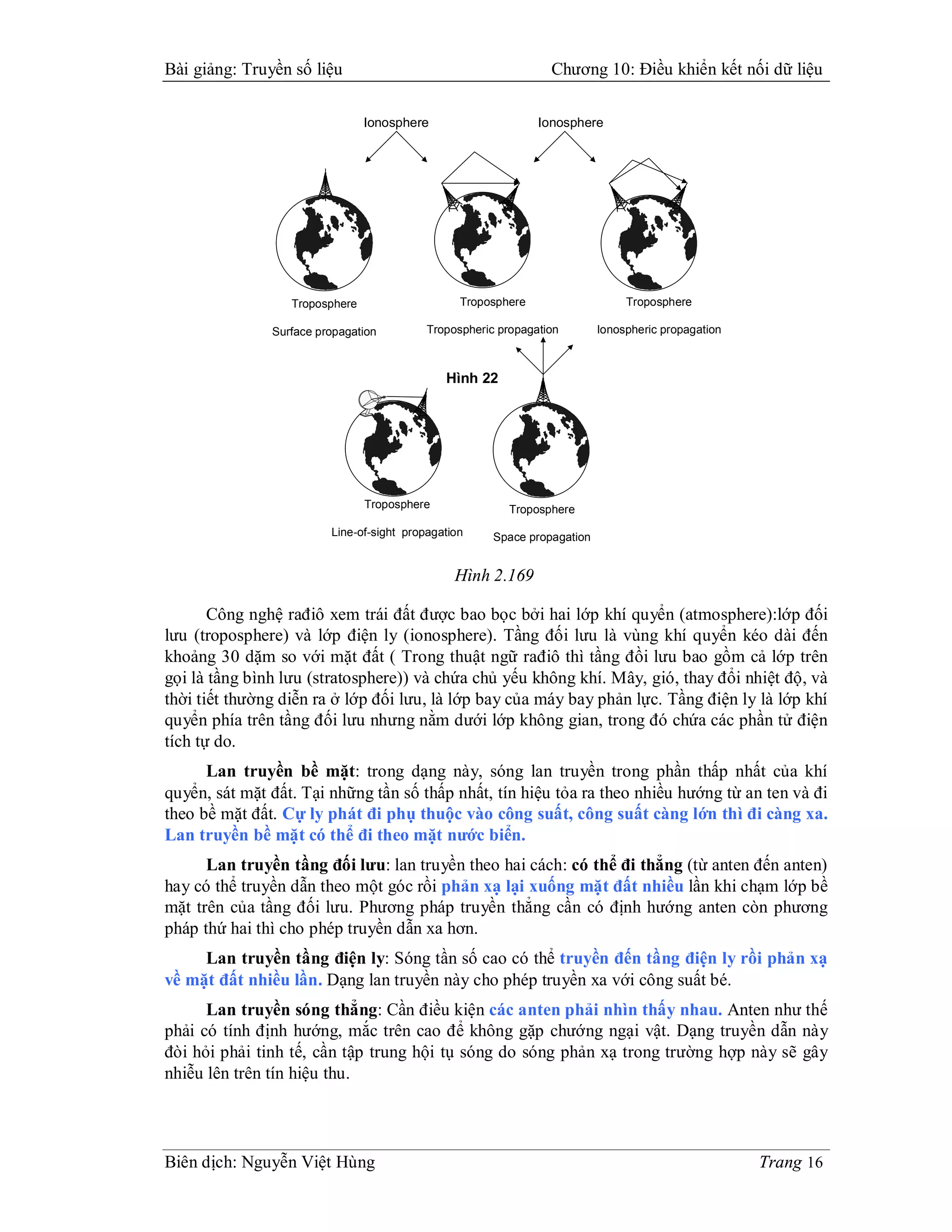 Bài giảng: Truyền số liệu                                        Chương 10: Điều khiển kết nối dữ liệu

                                Ionosphere                     Ionosphere




                  Troposphere                    Troposphere                    Troposphere

               Surface propagation         Tropospheric propagation        Ionospheric propagation



                                              Hình 22




                                Troposphere               Troposphere
                         Line-of-sight propagation     Space propagation


                                                Hình 2.169

       Công nghệ rađiô xem trái đất được bao bọc bởi hai lớp khí quyển (atmosphere):lớp đối
lưu (troposphere) và lớp điện ly (ionosphere). Tầng đối lưu là vùng khí quyển kéo dài đến
khoảng 30 dặm so với mặt đất ( Trong thuật ngữ rađiô thì tầng đồi lưu bao gồm cả lớp trên
gọi là tầng bình lưu (stratosphere)) và chứa chủ yếu không khí. Mây, gió, thay đổi nhiệt độ, và
thời tiết thường diễn ra ở lớp đối lưu, là lớp bay của máy bay phản lực. Tầng điện ly là lớp khí
quyển phía trên tầng đối lưu nhưng nằm dưới lớp không gian, trong đó chứa các phần tử điện
tích tự do.
      Lan truyền bề mặt: trong dạng này, sóng lan truyền trong phần thấp nhất của khí
quyển, sát mặt đất. Tại những tần số thấp nhất, tín hiệu tỏa ra theo nhiều hướng từ an ten và đi
theo bề mặt đất. Cự ly phát đi phụ thuộc vào công suất, công suất càng lớn thì đi càng xa.
Lan truyền bề mặt có thể đi theo mặt nước biển.
      Lan truyền tầng đối lưu: lan truyền theo hai cách: có thể đi thẳng (từ anten đến anten)
hay có thể truyền dẫn theo một góc rồi phản xạ lại xuống mặt đất nhiều lần khi chạm lớp bề
mặt trên của tầng đối lưu. Phương pháp truyền thẳng cần có định hướng anten còn phương
pháp thứ hai thì cho phép truyền dẫn xa hơn.
     Lan truyền tầng điện ly: Sóng tần số cao có thể truyền đến tầng điện ly rồi phản xạ
về mặt đất nhiều lần. Dạng lan truyền này cho phép truyền xa với công suất bé.
      Lan truyền sóng thẳng: Cần điều kiện các anten phải nhìn thấy nhau. Anten như thế
phải có tính định hướng, mắc trên cao để không gặp chướng ngại vật. Dạng truyền dẫn này
đòi hỏi phải tinh tế, cần tập trung hội tụ sóng do sóng phản xạ trong trường hợp này sẽ gây
nhiễu lên trên tín hiệu thu.




Biên dịch: Nguyễn Việt Hùng                                                                          Trang 16
 