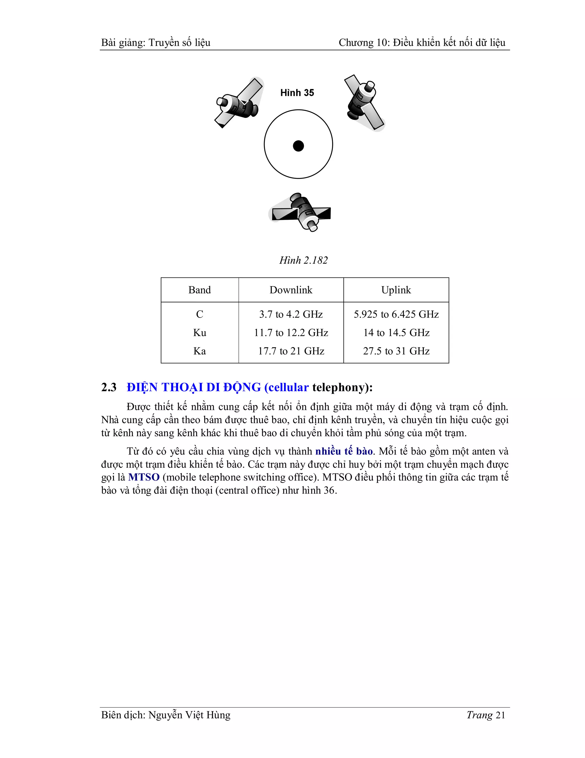Bài giảng: Truyền số liệu                           Chương 10: Điều khiển kết nối dữ liệu




                                       Hình 2.182

                   Band              Downlink                Uplink

                     C            3.7 to 4.2 GHz       5.925 to 6.425 GHz
                     Ku          11.7 to 12.2 GHz        14 to 14.5 GHz
                     Ka           17.7 to 21 GHz         27.5 to 31 GHz


2.3 ĐIỆN THOẠI DI ĐỘNG (cellular telephony):
      Được thiết kế nhằm cung cấp kết nối ổn định giữa một máy di động và trạm cố định.
Nhà cung cấp cần theo bám được thuê bao, chỉ định kênh truyền, và chuyển tín hiệu cuộc gọi
từ kênh này sang kênh khác khi thuê bao di chuyển khỏi tầm phủ sóng của một trạm.
       Từ đó có yêu cầu chia vùng dịch vụ thành nhiều tế bào. Mỗi tế bào gồm một anten và
được một trạm điều khiển tế bào. Các trạm này được chỉ huy bởi một trạm chuyển mạch được
gọi là MTSO (mobile telephone switching office). MTSO điều phối thông tin giữa các trạm tế
bào và tổng đài điện thoại (central office) như hình 36.




Biên dịch: Nguyễn Việt Hùng                                                     Trang 21
 