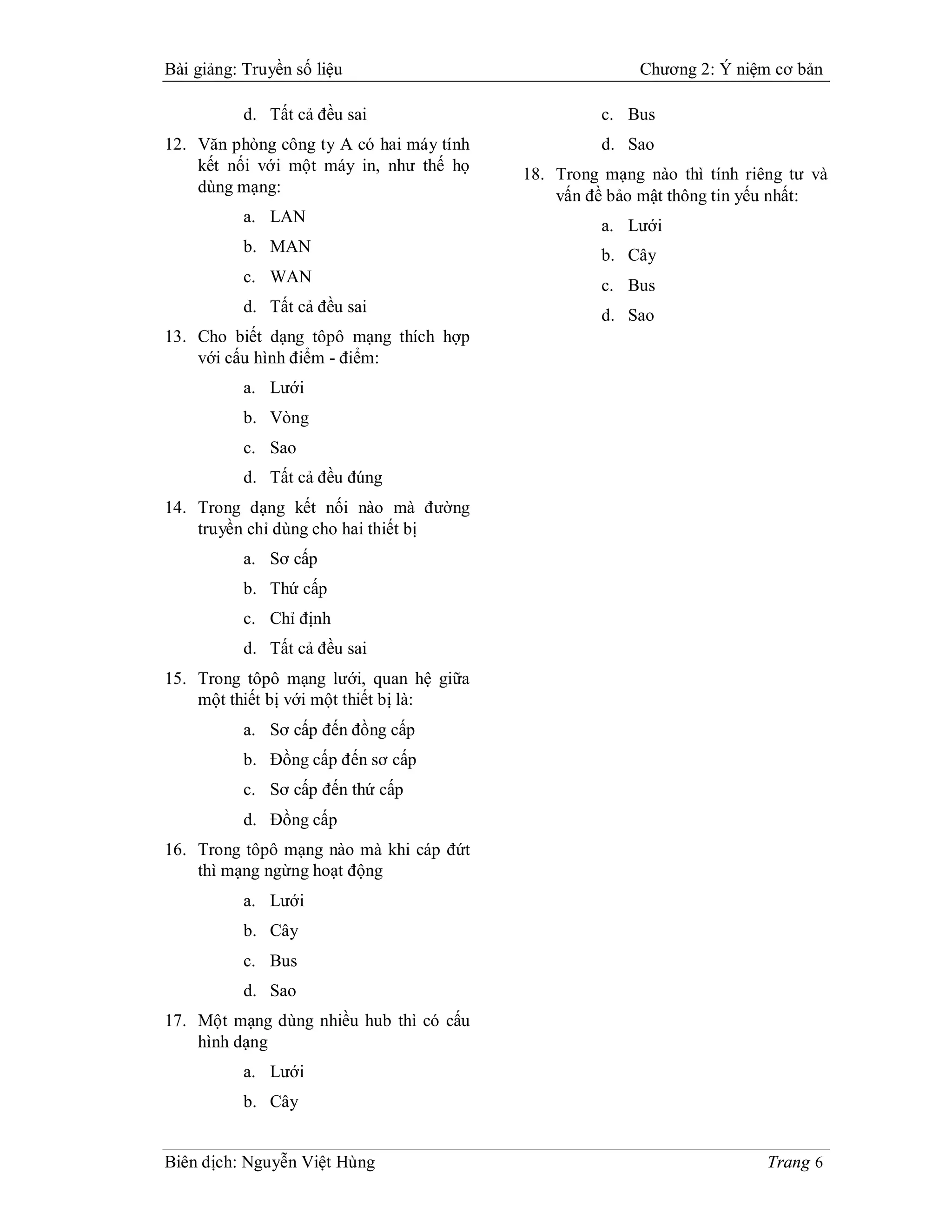 Bài giảng: Truyền số liệu                               Chương 2: Ý niệm cơ bản

           d. Tất cả đều sai                        c. Bus
12. Văn phòng công ty A có hai máy tính             d. Sao
    kết nối với một máy in, như thế họ    18. Trong mạng nào thì tính riêng tư và
    dùng mạng:
                                              vấn đề bảo mật thông tin yếu nhất:
           a. LAN
                                                    a. Lưới
           b. MAN                                   b. Cây
           c. WAN                                   c. Bus
           d. Tất cả đều sai                        d. Sao
13. Cho biết dạng tôpô mạng thích hợp
    với cấu hình điểm - điểm:
           a. Lưới
           b. Vòng
           c. Sao
           d. Tất cả đều đúng
14. Trong dạng kết nối nào mà đường
    truyền chỉ dùng cho hai thiết bị
           a. Sơ cấp
           b. Thứ cấp
           c. Chỉ định
           d. Tất cả đều sai
15. Trong tôpô mạng lưới, quan hệ giữa
    một thiết bị với một thiết bị là:
           a. Sơ cấp đến đồng cấp
           b. Đồng cấp đến sơ cấp
           c. Sơ cấp đến thứ cấp
           d. Đồng cấp
16. Trong tôpô mạng nào mà khi cáp đứt
    thì mạng ngừng hoạt động
           a. Lưới
           b. Cây
           c. Bus
           d. Sao
17. Một mạng dùng nhiều hub thì có cấu
    hình dạng
           a. Lưới
           b. Cây


Biên dịch: Nguyễn Việt Hùng                                              Trang 6
 