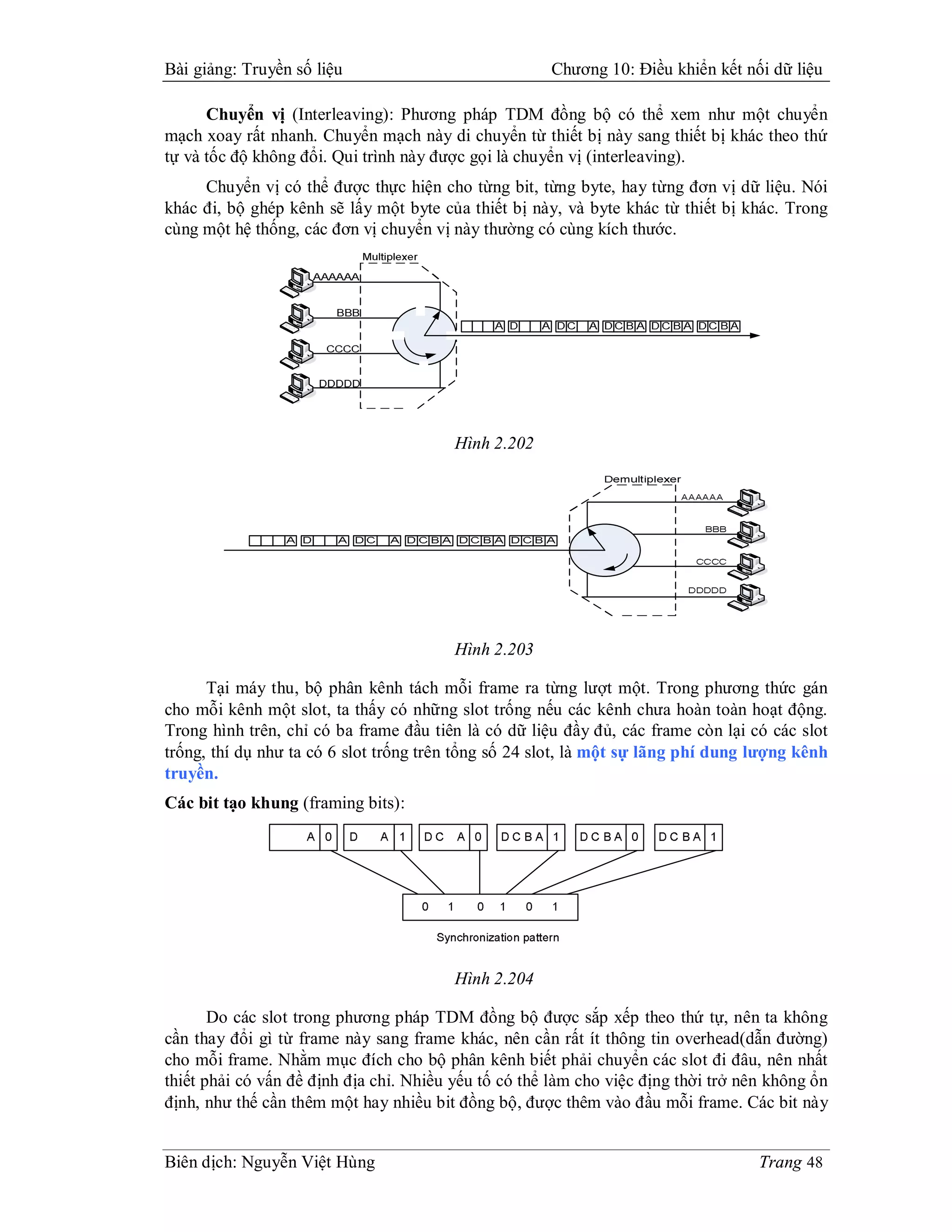 Bài giảng: Truyền số liệu                             Chương 10: Điều khiển kết nối dữ liệu

      Chuyển vị (Interleaving): Phương pháp TDM đồng bộ có thể xem như một chuyển
mạch xoay rất nhanh. Chuyển mạch này di chuyển từ thiết bị này sang thiết bị khác theo thứ
tự và tốc độ không đổi. Qui trình này được gọi là chuyển vị (interleaving).
     Chuyển vị có thể được thực hiện cho từng bit, từng byte, hay từng đơn vị dữ liệu. Nói
khác đi, bộ ghép kênh sẽ lấy một byte của thiết bị này, và byte khác từ thiết bị khác. Trong
cùng một hệ thống, các đơn vị chuyển vị này thường có cùng kích thước.




                                         Hình 2.202




                                         Hình 2.203

      Tại máy thu, bộ phân kênh tách mỗi frame ra từng lượt một. Trong phương thức gán
cho mỗi kênh một slot, ta thấy có những slot trống nếu các kênh chưa hoàn toàn hoạt động.
Trong hình trên, chỉ có ba frame đầu tiên là có dữ liệu đầy đủ, các frame còn lại có các slot
trống, thí dụ như ta có 6 slot trống trên tổng số 24 slot, là một sự lãng phí dung lượng kênh
truyền.
Các bit tạo khung (framing bits):




                                         Hình 2.204

       Do các slot trong phương pháp TDM đồng bộ được sắp xếp theo thứ tự, nên ta không
cần thay đổi gì từ frame này sang frame khác, nên cần rất ít thông tin overhead(dẫn đường)
cho mỗi frame. Nhằm mục đích cho bộ phân kênh biết phải chuyển các slot đi đâu, nên nhất
thiết phải có vấn đề định địa chỉ. Nhiều yếu tố có thể làm cho việc địng thời trở nên không ổn
định, như thế cần thêm một hay nhiều bit đồng bộ, được thêm vào đầu mỗi frame. Các bit này


Biên dịch: Nguyễn Việt Hùng                                                         Trang 48
 