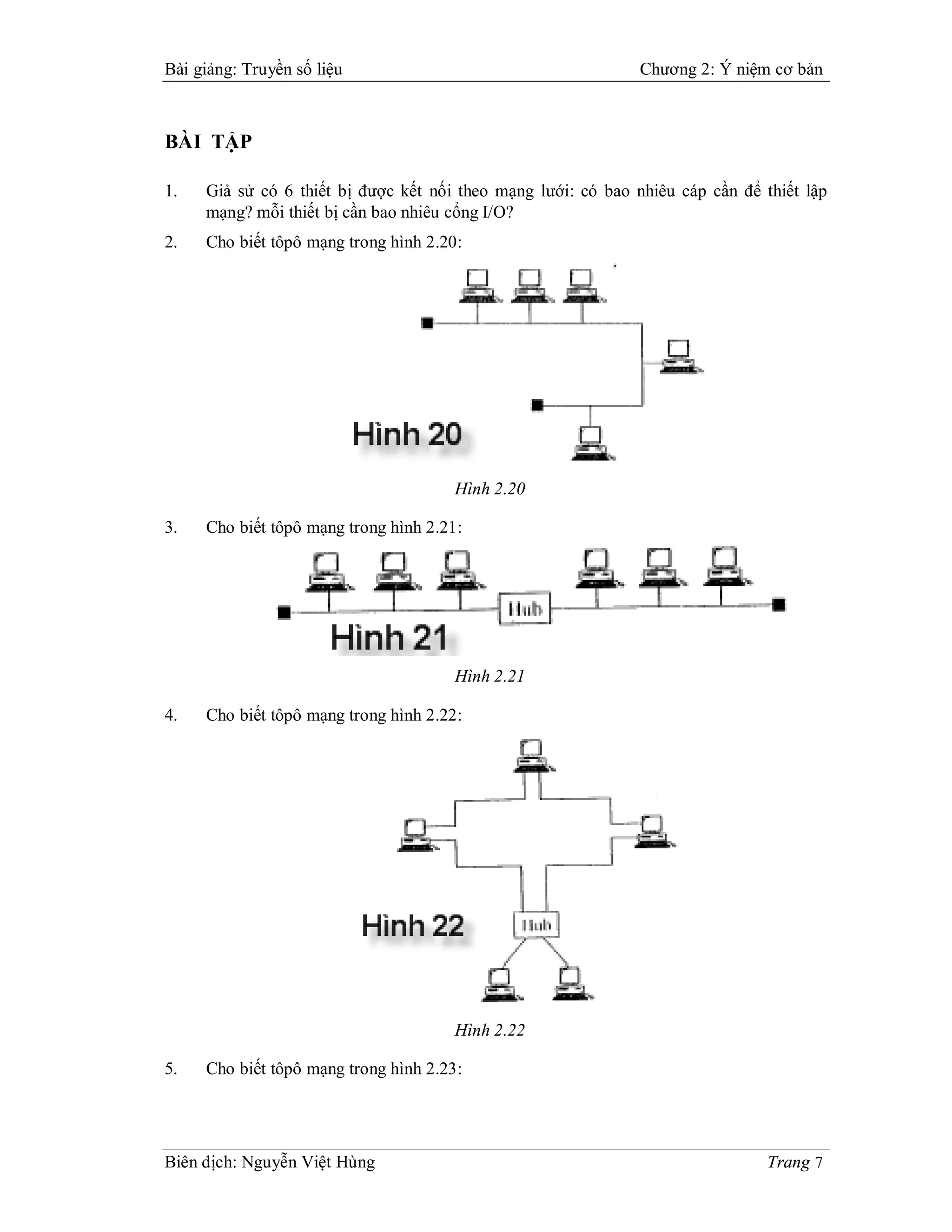 Bài giảng: Truyền số liệu                                     Chương 2: Ý niệm cơ bản



BÀI TẬP

1.   Giả sử có 6 thiết bị được kết nối theo mạng lưới: có bao nhiêu cáp cần để thiết lập
     mạng? mỗi thiết bị cần bao nhiêu cổng I/O?
2.   Cho biết tôpô mạng trong hình 2.20:




                                      Hình 2.20

3.   Cho biết tôpô mạng trong hình 2.21:




                                      Hình 2.21

4.   Cho biết tôpô mạng trong hình 2.22:




                                      Hình 2.22

5.   Cho biết tôpô mạng trong hình 2.23:




Biên dịch: Nguyễn Việt Hùng                                                    Trang 7
 