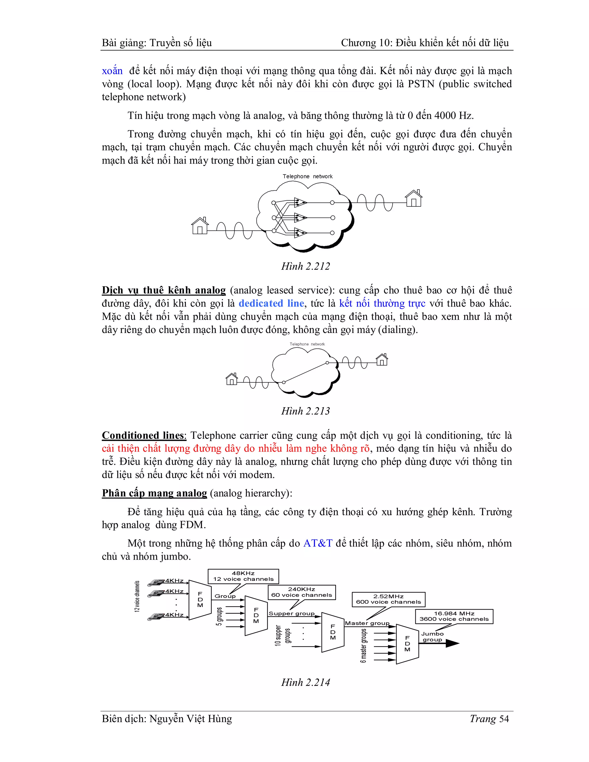 Bài giảng: Truyền số liệu                                                                                               Chương 10: Điều khiển kết nối dữ liệu

xoắn để kết nối máy điện thoại với mạng thông qua tổng đài. Kết nối này được gọi là mạch
vòng (local loop). Mạng được kết nối này đôi khi còn được gọi là PSTN (public switched
telephone network)
     Tín hiệu trong mạch vòng là analog, và băng thông thường là từ 0 đến 4000 Hz.
     Trong đường chuyển mạch, khi có tín hiệu gọi đến, cuộc gọi được đưa đến chuyển
mạch, tại trạm chuyển mạch. Các chuyển mạch chuyển kết nối với người được gọi. Chuyển
mạch đã kết nối hai máy trong thời gian cuộc gọi.




                                                                                                           Hình 2.212

Dịch vụ thuê kênh analog (analog leased service): cung cấp cho thuê bao cơ hội để thuê
đường dây, đôi khi còn gọi là dedicated line, tức là kết nối thường trực với thuê bao khác.
Mặc dù kết nối vẫn phải dùng chuyển mạch của mạng điện thoại, thuê bao xem như là một
dây riêng do chuyển mạch luôn được đóng, không cần gọi máy (dialing).




                                                                                                           Hình 2.213

Conditioned lines: Telephone carrier cũng cung cấp một dịch vụ gọi là conditioning, tức là
cải thiện chất lượng đường dây do nhiễu làm nghe không rõ, méo dạng tín hiệu và nhiễu do
trễ. Điều kiện đường dây này là analog, nhưng chất lượng cho phép dùng được với thông tin
dữ liệu số nếu được kết nối với modem.
Phân cấp mạng analog (analog hierarchy):
     Để tăng hiệu quả của hạ tầng, các công ty điện thoại có xu hướng ghép kênh. Trường
hợp analog dùng FDM.
     Một trong những hệ thống phân cấp do AT&T để thiết lập các nhóm, siêu nhóm, nhóm
chủ và nhóm jumbo.

                                           m
                                           u
                                           l
                                           o
                                           V   e



                                   t
                                   f
                                   i
                                   h
                                   S       a
                                           r
                                           T   e
                                               f
                                               s
                                               n   r               1               2
                                                                                   B
                                                                                   A   C           3   F
                                                                                                       E
                                                                                                       D



                           s
                           e
                           T   t       t
                                       s
                                       a
                                       C                       4
                                                               H
                                                               G   I       5   L
                                                                               K
                                                                               J               6
                                                                                               O
                                                                                               N
                                                                                               M




                   u
                   M   e
                       t           p
                                   o
                                   r
                                   D                   7
                                                       Q
                                                       P   S
                                                           R           8
                                                                       V
                                                                       U
                                                                       T               9
                                                                                       W   Z
                                                                                           Y
                                                                                           X



           p
           S   r
               k
               a
               e           H   d
                               l
                               o                   *               0           #




                                           m
                                           u
                                           l
                                           o
                                           V   e



                                   t
                                   f
                                   i
                                   h
                                   S       a
                                           r
                                           T   e
                                               f
                                               s
                                               n   r               1               2
                                                                                   B
                                                                                   A   C           3   F
                                                                                                       E
                                                                                                       D




                           s
                           e
                           T   t       t
                                       s
                                       a
                                       C                       4
                                                               H
                                                               G   I       5   L
                                                                               K
                                                                               J               6
                                                                                               O
                                                                                               N
                                                                                               M



                   u
                   M   e
                       t           p
                                   o
                                   r
                                   D                   Q
                                                       P   S
                                                           R           V
                                                                       U
                                                                       T               W   Z
                                                                                           Y
                                                                                           X



                                                       7               8               9

           p
           S   r
               k
               a
               e           H   d
                               l
                               o                   *               0           #




                                           m
                                           u
                                           l
                                           o
                                           V   e



                                   t
                                   f
                                   i
                                   h
                                   S       a
                                           r
                                           T   e
                                               f
                                               s
                                               n   r               1               2
                                                                                   B
                                                                                   A   C           3   F
                                                                                                       E
                                                                                                       D




                           s
                           e
                           T   t       t
                                       s
                                       a
                                       C                       4
                                                               H
                                                               G   I       5   L
                                                                               K
                                                                               J               6
                                                                                               O
                                                                                               N
                                                                                               M



                   u
                   M   e
                       t           p
                                   o
                                   r
                                   D                   Q
                                                       P   S
                                                           R           V
                                                                       U
                                                                       T               W   Z
                                                                                           Y
                                                                                           X



                                                       7               8               9

           p
           S   r
               k
               a
               e           H   d
                               l
                               o                   *               0           #




                                                                                                           Hình 2.214


Biên dịch: Nguyễn Việt Hùng                                                                                                                         Trang 54
 