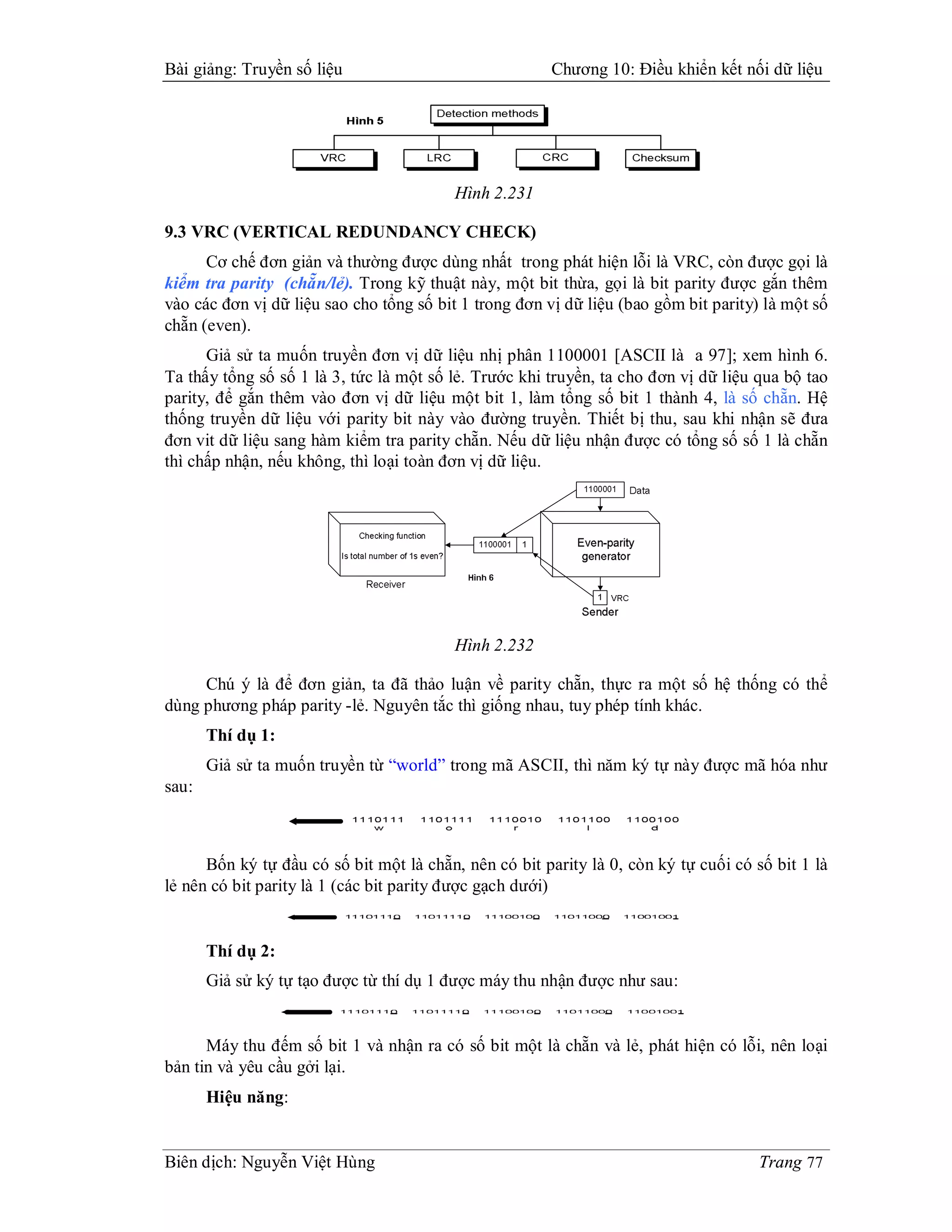 Bài giảng: Truyền số liệu                               Chương 10: Điều khiển kết nối dữ liệu




                                          Hình 2.231

9.3 VRC (VERTICAL REDUNDANCY CHECK)
      Cơ chế đơn giản và thường được dùng nhất trong phát hiện lỗi là VRC, còn được gọi là
kiểm tra parity (chẵn/lẻ). Trong kỹ thuật này, một bit thừa, gọi là bit parity được gắn thêm
vào các đơn vị dữ liệu sao cho tổng số bit 1 trong đơn vị dữ liệu (bao gồm bit parity) là một số
chẵn (even).
      Giả sử ta muốn truyền đơn vị dữ liệu nhị phân 1100001 [ASCII là a 97]; xem hình 6.
Ta thấy tổng số số 1 là 3, tức là một số lẻ. Trước khi truyền, ta cho đơn vị dữ liệu qua bộ tao
parity, để gắn thêm vào đơn vị dữ liệu một bit 1, làm tổng số bit 1 thành 4, là số chẵn. Hệ
thống truyền dữ liệu với parity bit này vào đường truyền. Thiết bị thu, sau khi nhận sẽ đưa
đơn vit dữ liệu sang hàm kiểm tra parity chẵn. Nếu dữ liệu nhận được có tổng số số 1 là chẵn
thì chấp nhận, nếu không, thì loại toàn đơn vị dữ liệu.




                                          Hình 2.232

     Chú ý là để đơn giản, ta đã thảo luận về parity chẵn, thực ra một số hệ thống có thể
dùng phương pháp parity -lẻ. Nguyên tắc thì giống nhau, tuy phép tính khác.
       Thí dụ 1:
       Giả sử ta muốn truyền từ “world” trong mã ASCII, thì năm ký tự này được mã hóa như
sau:



      Bốn ký tự đầu có số bit một là chẵn, nên có bit parity là 0, còn ký tự cuối có số bit 1 là
lẻ nên có bit parity là 1 (các bit parity được gạch dưới)


       Thí dụ 2:
       Giả sử ký tự tạo được từ thí dụ 1 được máy thu nhận được như sau:


      Máy thu đếm số bit 1 và nhận ra có số bit một là chẵn và lẻ, phát hiện có lỗi, nên loại
bản tin và yêu cầu gởi lại.
       Hiệu năng:


Biên dịch: Nguyễn Việt Hùng                                                           Trang 77
 