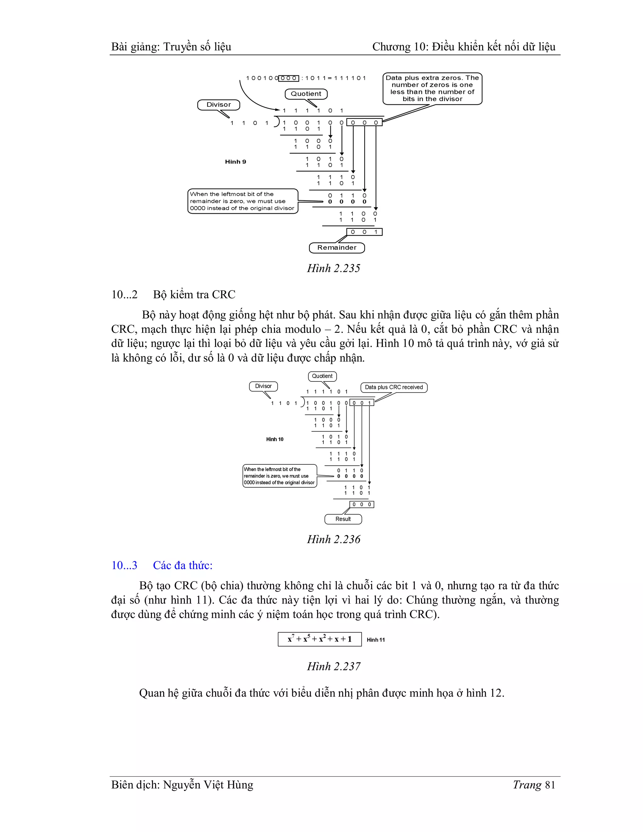 Bài giảng: Truyền số liệu                               Chương 10: Điều khiển kết nối dữ liệu




                                          Hình 2.235

10...2     Bộ kiểm tra CRC
       Bộ này hoạt động giống hệt như bộ phát. Sau khi nhận được giữa liệu có gắn thêm phần
CRC, mạch thực hiện lại phép chia modulo – 2. Nếu kết quả là 0, cắt bỏ phần CRC và nhận
dữ liệu; ngược lại thì loại bỏ dữ liệu và yêu cầu gởi lại. Hình 10 mô tả quá trình này, vớ giả sử
là không có lỗi, dư số là 0 và dữ liệu được chấp nhận.




                                          Hình 2.236

10...3     Các đa thức:
      Bộ tạo CRC (bộ chia) thường không chỉ là chuỗi các bit 1 và 0, nhưng tạo ra từ đa thức
đại số (như hình 11). Các đa thức này tiện lợi vì hai lý do: Chúng thường ngắn, và thường
được dùng để chứng minh các ý niệm toán học trong quá trình CRC).



                                          Hình 2.237

         Quan hệ giữa chuỗi đa thức với biểu diễn nhị phân được minh họa ở hình 12.




Biên dịch: Nguyễn Việt Hùng                                                           Trang 81
 