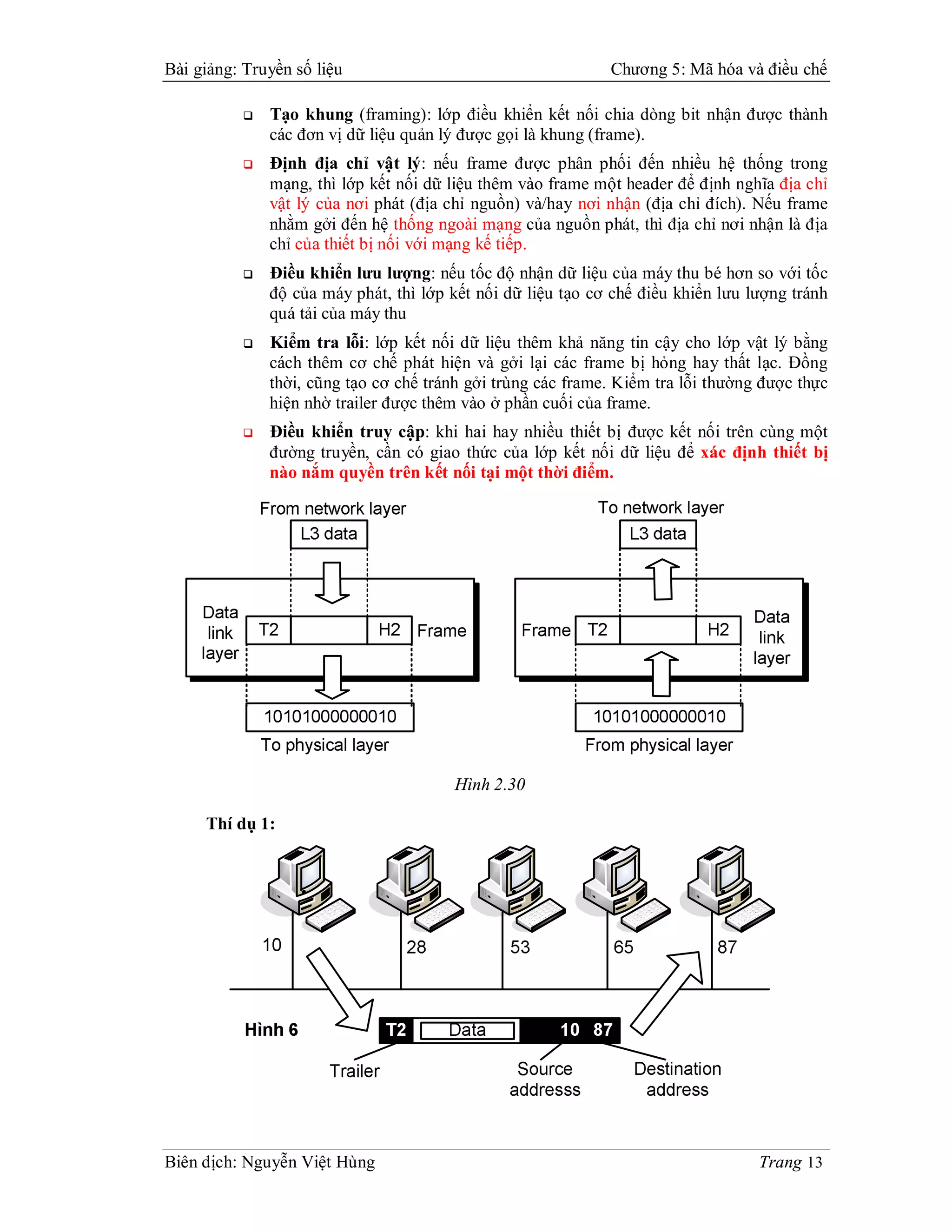Bài giảng: Truyền số liệu                                     Chương 5: Mã hóa và điều chế

              Tạo khung (framing): lớp điều khiển kết nối chia dòng bit nhận được thành
               các đơn vị dữ liệu quản lý được gọi là khung (frame).
              Định địa chỉ vật lý: nếu frame được phân phối đến nhiều hệ thống trong
               mạng, thì lớp kết nối dữ liệu thêm vào frame một header để định nghĩa địa chỉ
               vật lý của nơi phát (địa chỉ nguồn) và/hay nơi nhận (địa chỉ đích). Nếu frame
               nhằm gởi đến hệ thống ngoài mạng của nguồn phát, thì địa chỉ nơi nhận là địa
               chỉ của thiết bị nối với mạng kế tiếp.
              Điều khiển lưu lượng: nếu tốc độ nhận dữ liệu của máy thu bé hơn so với tốc
               độ của máy phát, thì lớp kết nối dữ liệu tạo cơ chế điều khiển lưu lượng tránh
               quá tải của máy thu
              Kiểm tra lỗi: lớp kết nối dữ liệu thêm khả năng tin cậy cho lớp vật lý bằng
               cách thêm cơ chế phát hiện và gởi lại các frame bị hỏng hay thất lạc. Đồng
               thời, cũng tạo cơ chế tránh gởi trùng các frame. Kiểm tra lỗi thường được thực
               hiện nhờ trailer được thêm vào ở phần cuối của frame.
              Điều khiển truy cập: khi hai hay nhiều thiết bị được kết nối trên cùng một
               đường truyền, cần có giao thức của lớp kết nối dữ liệu để xác định thiết bị
               nào nắm quyền trên kết nối tại một thời điểm.




                                        Hình 2.30

     Thí dụ 1:




Biên dịch: Nguyễn Việt Hùng                                                        Trang 13
 