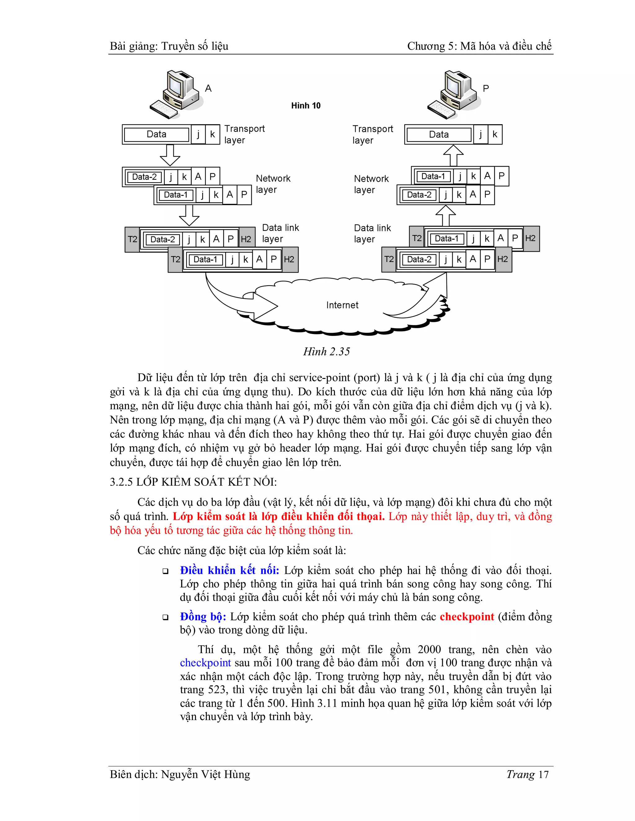 Bài giảng: Truyền số liệu                                       Chương 5: Mã hóa và điều chế




                                         Hình 2.35

      Dữ liệu đến từ lớp trên địa chỉ service-point (port) là j và k ( j là địa chỉ của ứng dụng
gởi và k là địa chỉ của ứng dụng thu). Do kích thước của dữ liệu lớn hơn khả năng của lớp
mạng, nên dữ liệu được chia thành hai gói, mỗi gói vẫn còn giữa địa chỉ điểm dịch vụ (j và k).
Nên trong lớp mạng, địa chỉ mạng (A và P) được thêm vào mỗi gói. Các gói sẽ di chuyển theo
các đường khác nhau và đến đích theo hay không theo thứ tự. Hai gói được chuyển giao đến
lớp mạng đích, có nhiệm vụ gở bỏ header lớp mạng. Hai gói được chuyển tiếp sang lớp vận
chuyển, được tái hợp để chuyển giao lên lớp trên.
3.2.5 LỚP KIỂM SOÁT KẾT NỐI:
     Các dịch vụ do ba lớp đầu (vật lý, kết nối dữ liệu, và lớp mạng) đôi khi chưa đủ cho một
số quá trình. Lớp kiểm soát là lớp điều khiển đối thọai. Lớp này thiết lập, duy trì, và đồng
bộ hóa yếu tố tương tác giữa các hệ thống thông tin.
     Các chức năng đặc biệt của lớp kiểm soát là:
              Điều khiển kết nối: Lớp kiểm soát cho phép hai hệ thống đi vào đối thoại.
               Lớp cho phép thông tin giữa hai quá trình bán song công hay song công. Thí
               dụ đối thoại giữa đầu cuối kết nối với máy chủ là bán song công.
              Đồng bộ: Lớp kiểm soát cho phép quá trình thêm các checkpoint (điểm đồng
               bộ) vào trong dòng dữ liệu.
                   Thí dụ, một hệ thống gởi một file gồm 2000 trang, nên chèn vào
               checkpoint sau mỗi 100 trang đề bảo đảm mỗi đơn vị 100 trang được nhận và
               xác nhận một cách độc lập. Trong trường hợp này, nếu truyền dẫn bị đứt vào
               trang 523, thì việc truyền lại chỉ bắt đầu vào trang 501, không cần truyền lại
               các trang từ 1 đến 500. Hình 3.11 minh họa quan hệ giữa lớp kiểm soát với lớp
               vận chuyển và lớp trình bày.



Biên dịch: Nguyễn Việt Hùng                                                           Trang 17
 