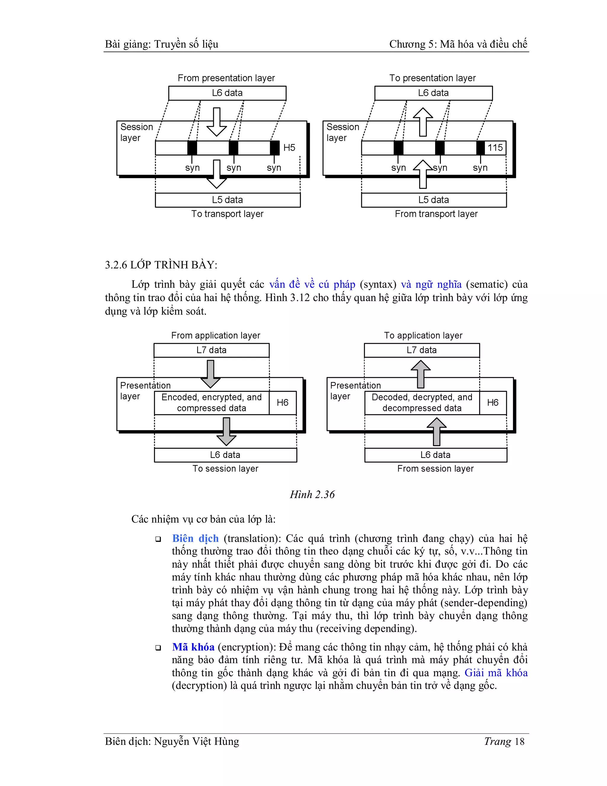 Bài giảng: Truyền số liệu                                      Chương 5: Mã hóa và điều chế




3.2.6 LỚP TRÌNH BÀY:
     Lớp trình bày giải quyết các vấn đề về cú pháp (syntax) và ngữ nghĩa (sematic) của
thông tin trao đổi của hai hệ thống. Hình 3.12 cho thấy quan hệ giữa lớp trình bày với lớp ứng
dụng và lớp kiểm soát.




                                         Hình 2.36

     Các nhiệm vụ cơ bản của lớp là:
              Biên dịch (translation): Các quá trình (chương trình đang chạy) của hai hệ
               thống thường trao đổi thông tin theo dạng chuỗi các ký tự, số, v.v...Thông tin
               này nhất thiết phải được chuyển sang dòng bit trước khi được gởi đi. Do các
               máy tính khác nhau thường dùng các phương pháp mã hóa khác nhau, nên lớp
               trình bày có nhiệm vụ vận hành chung trong hai hệ thống này. Lớp trình bày
               tại máy phát thay đổi dạng thông tin từ dạng của máy phát (sender-depending)
               sang dạng thông thường. Tại máy thu, thì lớp trình bày chuyển dạng thông
               thường thành dạng của máy thu (receiving depending).
              Mã khóa (encryption): Để mang các thông tin nhạy cảm, hệ thống phải có khả
               năng bảo đảm tính riêng tư. Mã khóa là quá trình mà máy phát chuyển đổi
               thông tin gốc thành dạng khác và gởi đi bản tin đi qua mạng. Giải mã khóa
               (decryption) là quá trình ngược lại nhằm chuyển bản tin trở về dạng gốc.



Biên dịch: Nguyễn Việt Hùng                                                         Trang 18
 