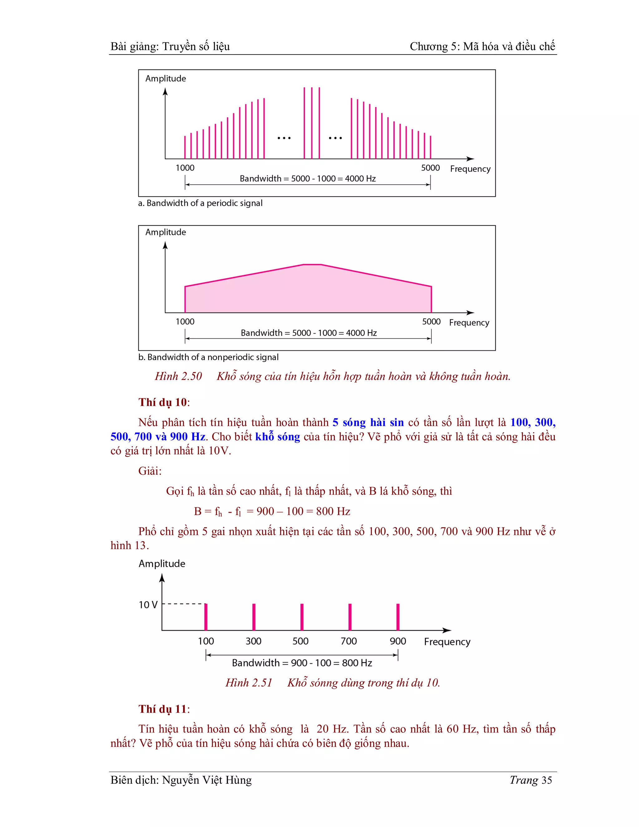 Bài giảng: Truyền số liệu                                           Chương 5: Mã hóa và điều chế




         Hình 2.50      Khỗ sóng của tín hiệu hỗn hợp tuần hoàn và không tuần hoàn.

     Thí dụ 10:
      Nếu phân tích tín hiệu tuần hoàn thành 5 sóng hài sin có tần số lần lượt là 100, 300,
500, 700 và 900 Hz. Cho biết khỗ sóng của tín hiệu? Vẽ phổ với giả sử là tất cả sóng hài đều
có giá trị lớn nhất là 10V.
     Giải:
             Gọi fh là tần số cao nhất, fl là thấp nhất, và B lá khỗ sóng, thì
                   B = fh - fl = 900 – 100 = 800 Hz
      Phổ chỉ gồm 5 gai nhọn xuất hiện tại các tần số 100, 300, 500, 700 và 900 Hz như vễ ở
hình 13.




                          Hình 2.51     Khỗ sónng dùng trong thí dụ 10.

     Thí dụ 11:
      Tín hiệu tuần hoàn có khỗ sóng là 20 Hz. Tần số cao nhất là 60 Hz, tìm tần số thấp
nhất? Vẽ phỗ của tín hiệu sóng hài chứa có biên độ giống nhau.


Biên dịch: Nguyễn Việt Hùng                                                            Trang 35
 