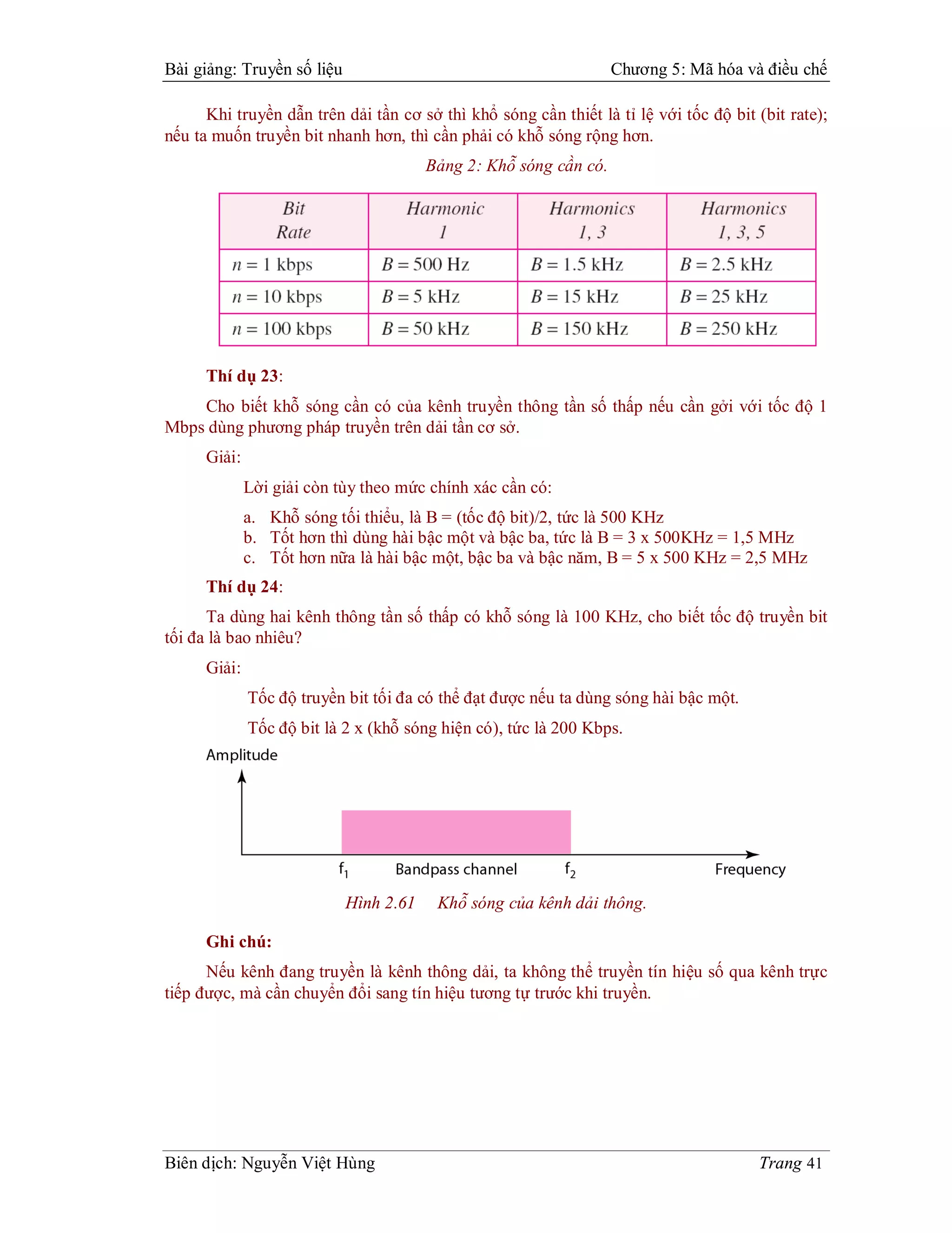 Bài giảng: Truyền số liệu                                          Chương 5: Mã hóa và điều chế

      Khi truyền dẫn trên dải tần cơ sở thì khổ sóng cần thiết là tỉ lệ với tốc độ bit (bit rate);
nếu ta muốn truyền bit nhanh hơn, thì cần phải có khỗ sóng rộng hơn.
                                        Bảng 2: Khỗ sóng cần có.




      Thí dụ 23:
    Cho biết khỗ sóng cần có của kênh truyền thông tần số thấp nếu cần gởi với tốc độ 1
Mbps dùng phương pháp truyền trên dải tần cơ sở.
      Giải:
              Lời giải còn tùy theo mức chính xác cần có:
              a. Khỗ sóng tối thiểu, là B = (tốc độ bit)/2, tức là 500 KHz
              b. Tốt hơn thì dùng hài bậc một và bậc ba, tức là B = 3 x 500KHz = 1,5 MHz
              c. Tốt hơn nữa là hài bậc một, bậc ba và bậc năm, B = 5 x 500 KHz = 2,5 MHz
      Thí dụ 24:
      Ta dùng hai kênh thông tần số thấp có khỗ sóng là 100 KHz, cho biết tốc độ truyền bit
tối đa là bao nhiêu?
      Giải:
              Tốc độ truyền bit tối đa có thể đạt được nếu ta dùng sóng hài bậc một.
              Tốc độ bit là 2 x (khỗ sóng hiện có), tức là 200 Kbps.




                            Hình 2.61    Khỗ sóng của kênh dải thông.

      Ghi chú:
      Nếu kênh đang truyền là kênh thông dải, ta không thể truyền tín hiệu số qua kênh trực
tiếp được, mà cần chuyển đổi sang tín hiệu tương tự trước khi truyền.




Biên dịch: Nguyễn Việt Hùng                                                            Trang 41
 