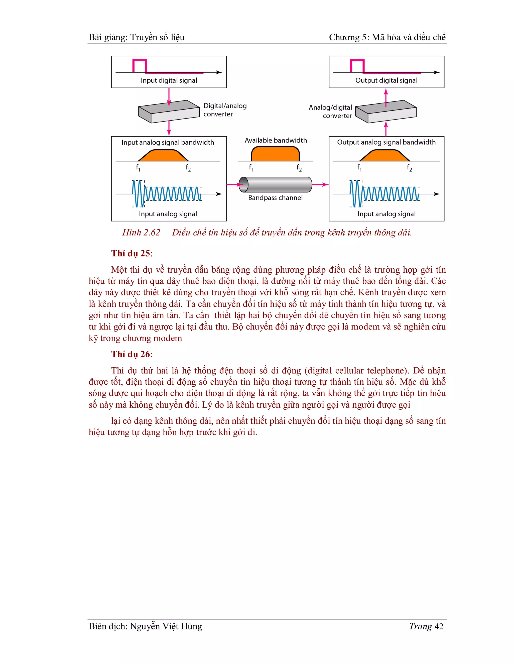 Bài giảng: Truyền số liệu                                       Chương 5: Mã hóa và điều chế




         Hình 2.62    Điều chế tín hiệu số để truyền dẩn trong kênh truyền thông dải.

      Thí dụ 25:
      Một thí dụ về truyền dẫn băng rộng dùng phương pháp điều chế là trường hợp gởi tín
hiệu từ máy tín qua dây thuê bao điện thoại, là đường nối từ máy thuê bao đến tổng đài. Các
dây này được thiết kế dùng cho truyền thoại với khỗ sóng rất hạn chế. Kênh truyền được xem
là kênh truyền thông dải. Ta cần chuyển đổi tín hiệu số từ máy tính thành tín hiệu tương tự, và
gởi như tín hiệu âm tần. Ta cần thiết lập hai bộ chuyển đổi để chuyển tín hiệu số sang tương
tư khi gởi đi và ngược lại tại đầu thu. Bộ chuyển đổi này được gọi là modem và sẽ nghiên cứu
kỹ trong chương modem
      Thí dụ 26:
      Thí dụ thứ hai là hệ thống đện thoại số di động (digital cellular telephone). Để nhận
được tốt, điện thoại di động số chuyển tín hiệu thoại tương tự thành tín hiệu số. Mặc dù khỗ
sóng được qui hoạch cho điện thoại di động là rất rộng, ta vẫn không thể gởi trực tiếp tín hiệu
số này mà không chuyển đổi. Lý do là kênh truyền giữa người gọi và người được gọi
      lại có dạng kênh thông dải, nên nhất thiết phải chuyển đổi tín hiệu thoại dạng số sang tín
hiệu tương tự dạng hỗn hợp trước khi gởi đi.




Biên dịch: Nguyễn Việt Hùng                                                           Trang 42
 