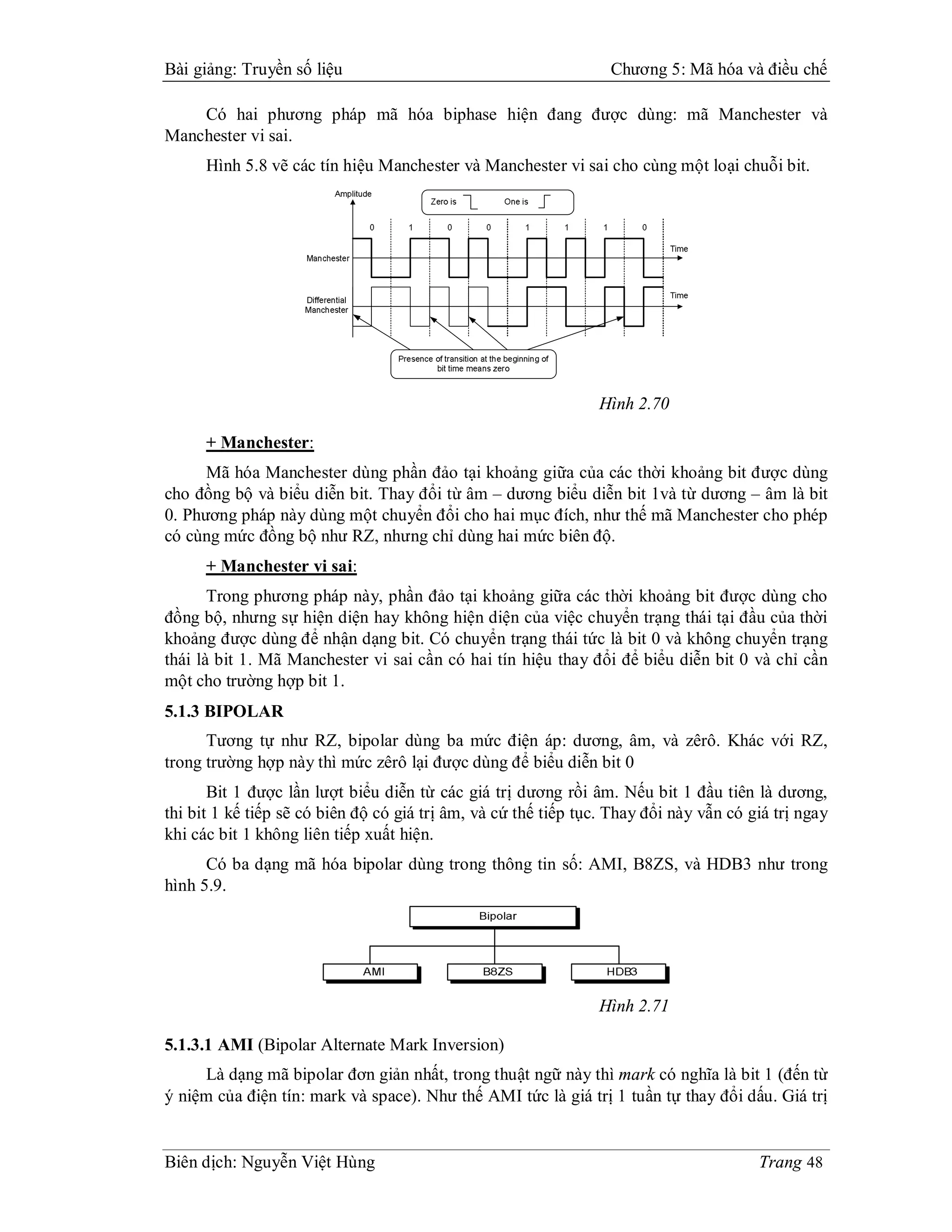 Bài giảng: Truyền số liệu                                         Chương 5: Mã hóa và điều chế

    Có hai phương pháp mã hóa biphase hiện đang được dùng: mã Manchester và
Manchester vi sai.
      Hình 5.8 vẽ các tín hiệu Manchester và Manchester vi sai cho cùng một loại chuỗi bit.




                                                                Hình 2.70

      + Manchester:
      Mã hóa Manchester dùng phần đảo tại khoảng giữa của các thời khoảng bit được dùng
cho đồng bộ và biểu diễn bit. Thay đổi từ âm – dương biểu diễn bit 1và từ dương – âm là bit
0. Phương pháp này dùng một chuyển đổi cho hai mục đích, như thế mã Manchester cho phép
có cùng mức đồng bộ như RZ, nhưng chỉ dùng hai mức biên độ.
      + Manchester vi sai:
       Trong phương pháp này, phần đảo tại khoảng giữa các thời khoảng bit được dùng cho
đồng bộ, nhưng sự hiện diện hay không hiện diện của việc chuyển trạng thái tại đầu của thời
khoảng được dùng để nhận dạng bit. Có chuyển trạng thái tức là bit 0 và không chuyển trạng
thái là bit 1. Mã Manchester vi sai cần có hai tín hiệu thay đổi để biểu diễn bit 0 và chỉ cần
một cho trường hợp bit 1.
5.1.3 BIPOLAR
      Tương tự như RZ, bipolar dùng ba mức điện áp: dương, âm, và zêrô. Khác với RZ,
trong trường hợp này thì mức zêrô lại được dùng để biểu diễn bit 0
       Bit 1 được lần lượt biểu diễn từ các giá trị dương rồi âm. Nếu bit 1 đầu tiên là dương,
thi bit 1 kế tiếp sẽ có biên độ có giá trị âm, và cứ thế tiếp tục. Thay đổi này vẫn có giá trị ngay
khi các bit 1 không liên tiếp xuất hiện.
      Có ba dạng mã hóa bipolar dùng trong thông tin số: AMI, B8ZS, và HDB3 như trong
hình 5.9.




                                                                Hình 2.71

5.1.3.1 AMI (Bipolar Alternate Mark Inversion)
     Là dạng mã bipolar đơn giản nhất, trong thuật ngữ này thì mark có nghĩa là bit 1 (đến từ
ý niệm của điện tín: mark và space). Như thế AMI tức là giá trị 1 tuần tự thay đổi dấu. Giá trị


Biên dịch: Nguyễn Việt Hùng                                                             Trang 48
 