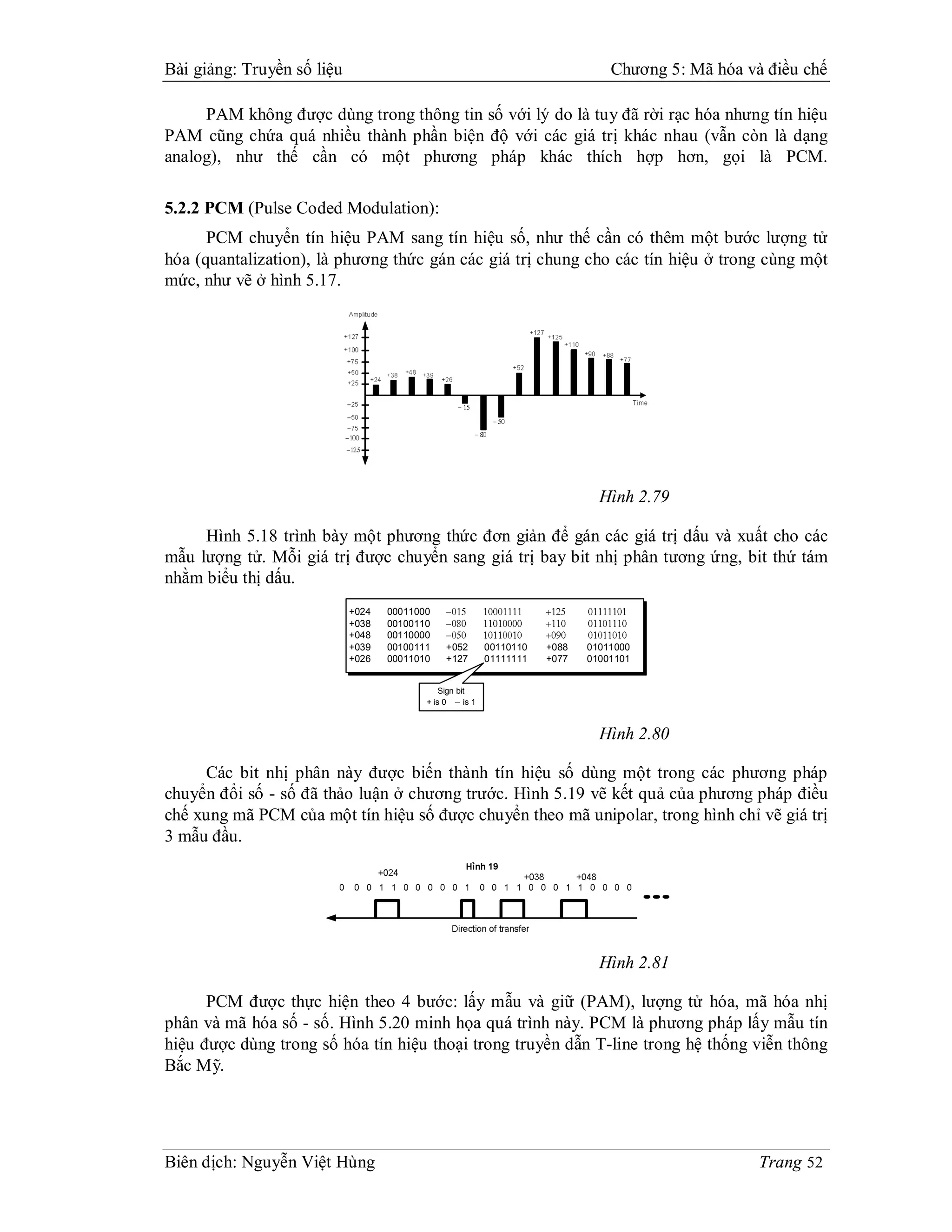 Bài giảng: Truyền số liệu                                                         Chương 5: Mã hóa và điều chế

     PAM không được dùng trong thông tin số với lý do là tuy đã rời rạc hóa nhưng tín hiệu
PAM cũng chứa quá nhiều thành phần biện độ với các giá trị khác nhau (vẫn còn là dạng
analog), như thế cần có một phương pháp khác thích hợp hơn, gọi là PCM.

5.2.2 PCM (Pulse Coded Modulation):
      PCM chuyển tín hiệu PAM sang tín hiệu số, như thế cần có thêm một bước lượng tử
hóa (quantalization), là phương thức gán các giá trị chung cho các tín hiệu ở trong cùng một
mức, như vẽ ở hình 5.17.




                                                                                Hình 2.79

     Hình 5.18 trình bày một phương thức đơn giản để gán các giá trị dấu và xuất cho các
mẫu lượng tử. Mỗi giá trị được chuyển sang giá trị bay bit nhị phân tương ứng, bit thứ tám
nhằm biểu thị dấu.
                            +024   00011000
                            +038   00100110
                            +048   00110000
                            +039   00100111    +052         00110110   +088   01011000
                            +026   00011010    +127         01111111   +077   01001101


                                              Sign bit
                                          + is 0     is 1



                                                                                Hình 2.80

     Các bit nhị phân này được biến thành tín hiệu số dùng một trong các phương pháp
chuyển đổi số - số đã thảo luận ở chương trước. Hình 5.19 vẽ kết quả của phương pháp điều
chế xung mã PCM của một tín hiệu số được chuyển theo mã unipolar, trong hình chỉ vẽ giá trị
3 mẫu đầu.




                                                                                Hình 2.81

      PCM được thực hiện theo 4 bước: lấy mẫu và giữ (PAM), lượng tử hóa, mã hóa nhị
phân và mã hóa số - số. Hình 5.20 minh họa quá trình này. PCM là phương pháp lấy mẫu tín
hiệu được dùng trong số hóa tín hiệu thoại trong truyền dẫn T-line trong hệ thống viễn thông
Bắc Mỹ.




Biên dịch: Nguyễn Việt Hùng                                                                          Trang 52
 