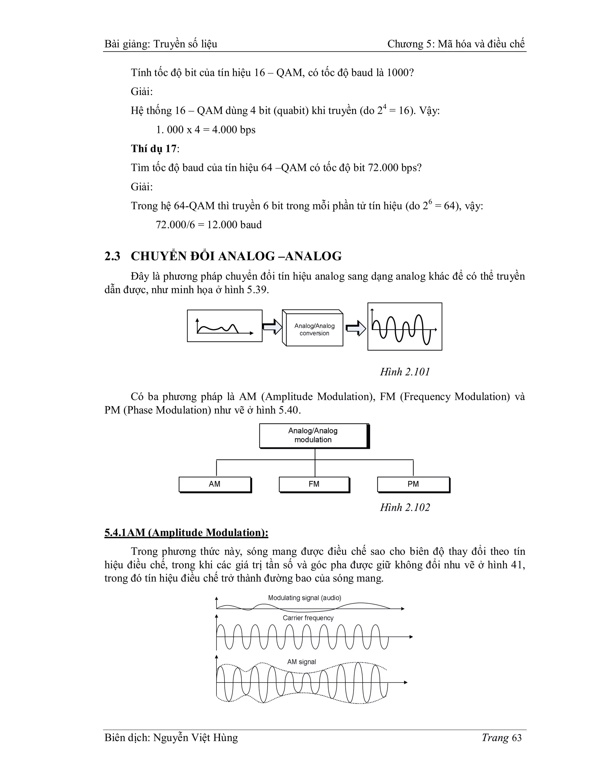 Bài giảng: Truyền số liệu                                    Chương 5: Mã hóa và điều chế

     Tính tốc độ bit của tín hiệu 16 – QAM, có tốc độ baud là 1000?
     Giải:
     Hệ thống 16 – QAM dùng 4 bit (quabit) khi truyền (do 24 = 16). Vậy:
             1. 000 x 4 = 4.000 bps
     Thí dụ 17:
     Tìm tốc độ baud của tín hiệu 64 –QAM có tốc độ bit 72.000 bps?
     Giải:
     Trong hệ 64-QAM thì truyền 6 bit trong mỗi phần tử tín hiệu (do 26 = 64), vậy:
             72.000/6 = 12.000 baud

2.3 CHUYỂN ĐỔI ANALOG –ANALOG
     Đây là phương pháp chuyển đổi tín hiệu analog sang dạng analog khác để có thể truyền
dẫn được, như minh họa ở hình 5.39.




                                                            Hình 2.101

     Có ba phương pháp là AM (Amplitude Modulation), FM (Frequency Modulation) và
PM (Phase Modulation) như vẽ ở hình 5.40.




                                                            Hình 2.102

5.4.1AM (Amplitude Modulation):
      Trong phương thức này, sóng mang được điều chế sao cho biên độ thay đổi theo tín
hiệu điều chế, trong khi các giá trị tần số và góc pha được giữ không đổi nhu vẽ ở hình 41,
trong đó tín hiệu điều chế trở thành đường bao của sóng mang.




Biên dịch: Nguyễn Việt Hùng                                                       Trang 63
 