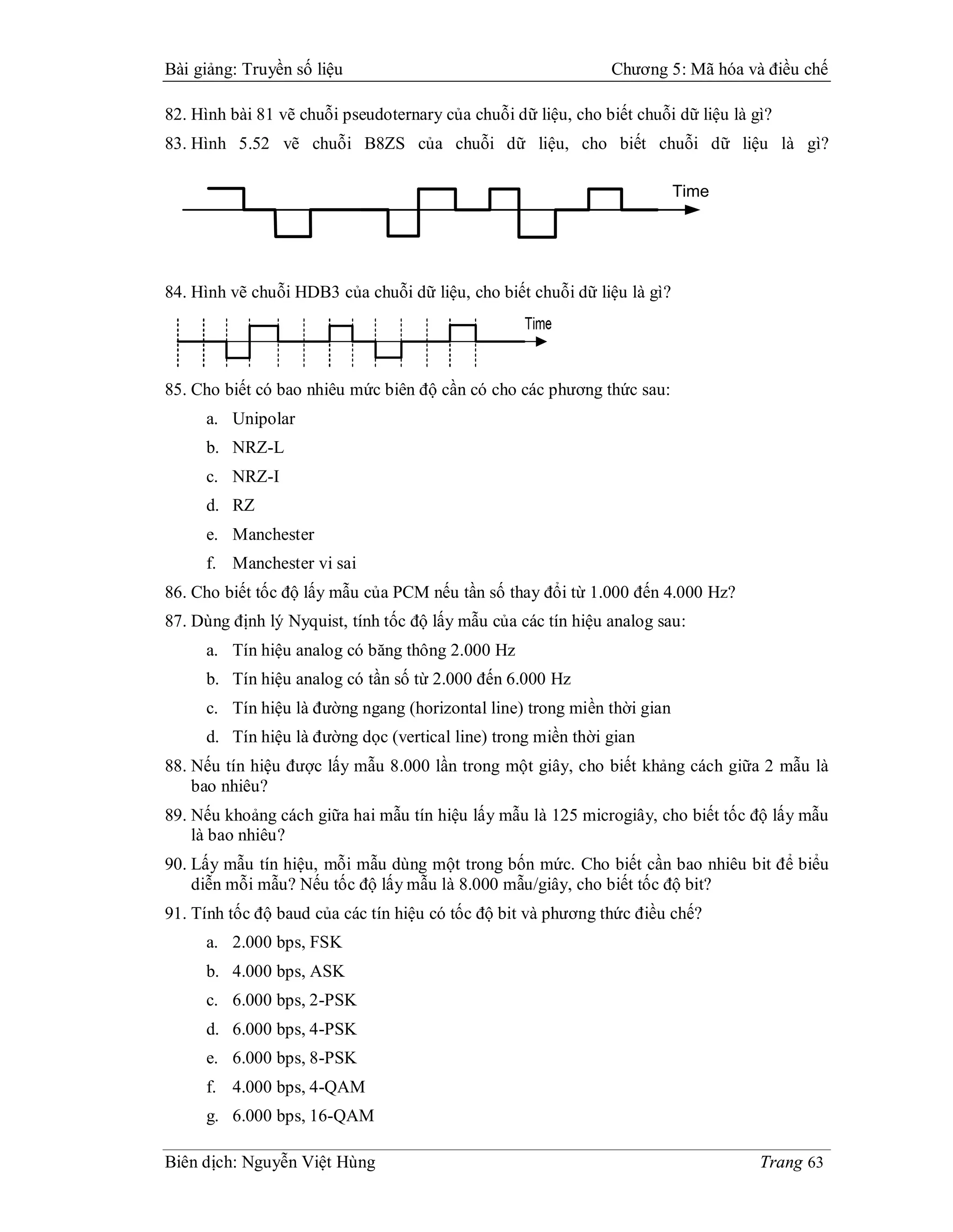 Bài giảng: Truyền số liệu                                      Chương 5: Mã hóa và điều chế

82. Hình bài 81 vẽ chuỗi pseudoternary của chuỗi dữ liệu, cho biết chuỗi dữ liệu là gì?
83. Hình 5.52 vẽ chuỗi B8ZS của chuỗi dữ liệu, cho biết chuỗi dữ liệu là gì?

                                                                          Time




84. Hình vẽ chuỗi HDB3 của chuỗi dữ liệu, cho biết chuỗi dữ liệu là gì?




85. Cho biết có bao nhiêu mức biên độ cần có cho các phương thức sau:
     a. Unipolar
     b. NRZ-L
     c. NRZ-I
     d. RZ
     e. Manchester
     f. Manchester vi sai
86. Cho biết tốc độ lấy mẫu của PCM nếu tần số thay đổi từ 1.000 đến 4.000 Hz?
87. Dùng định lý Nyquist, tính tốc độ lấy mẫu của các tín hiệu analog sau:
     a. Tín hiệu analog có băng thông 2.000 Hz
     b. Tín hiệu analog có tần số từ 2.000 đến 6.000 Hz
     c. Tín hiệu là đường ngang (horizontal line) trong miền thời gian
     d. Tín hiệu là đường dọc (vertical line) trong miền thời gian
88. Nếu tín hiệu được lấy mẫu 8.000 lần trong một giây, cho biết khảng cách giữa 2 mẫu là
    bao nhiêu?
89. Nếu khoảng cách giữa hai mẫu tín hiệu lấy mẫu là 125 microgiây, cho biết tốc độ lấy mẫu
    là bao nhiêu?
90. Lấy mẫu tín hiệu, mỗi mẫu dùng một trong bốn mức. Cho biết cần bao nhiêu bit để biểu
    diễn mỗi mẫu? Nếu tốc độ lấy mẫu là 8.000 mẫu/giây, cho biết tốc độ bit?
91. Tính tốc độ baud của các tín hiệu có tốc độ bit và phương thức điều chế?
     a. 2.000 bps, FSK
     b. 4.000 bps, ASK
     c. 6.000 bps, 2-PSK
     d. 6.000 bps, 4-PSK
     e. 6.000 bps, 8-PSK
     f. 4.000 bps, 4-QAM
     g. 6.000 bps, 16-QAM

Biên dịch: Nguyễn Việt Hùng                                                          Trang 63
 