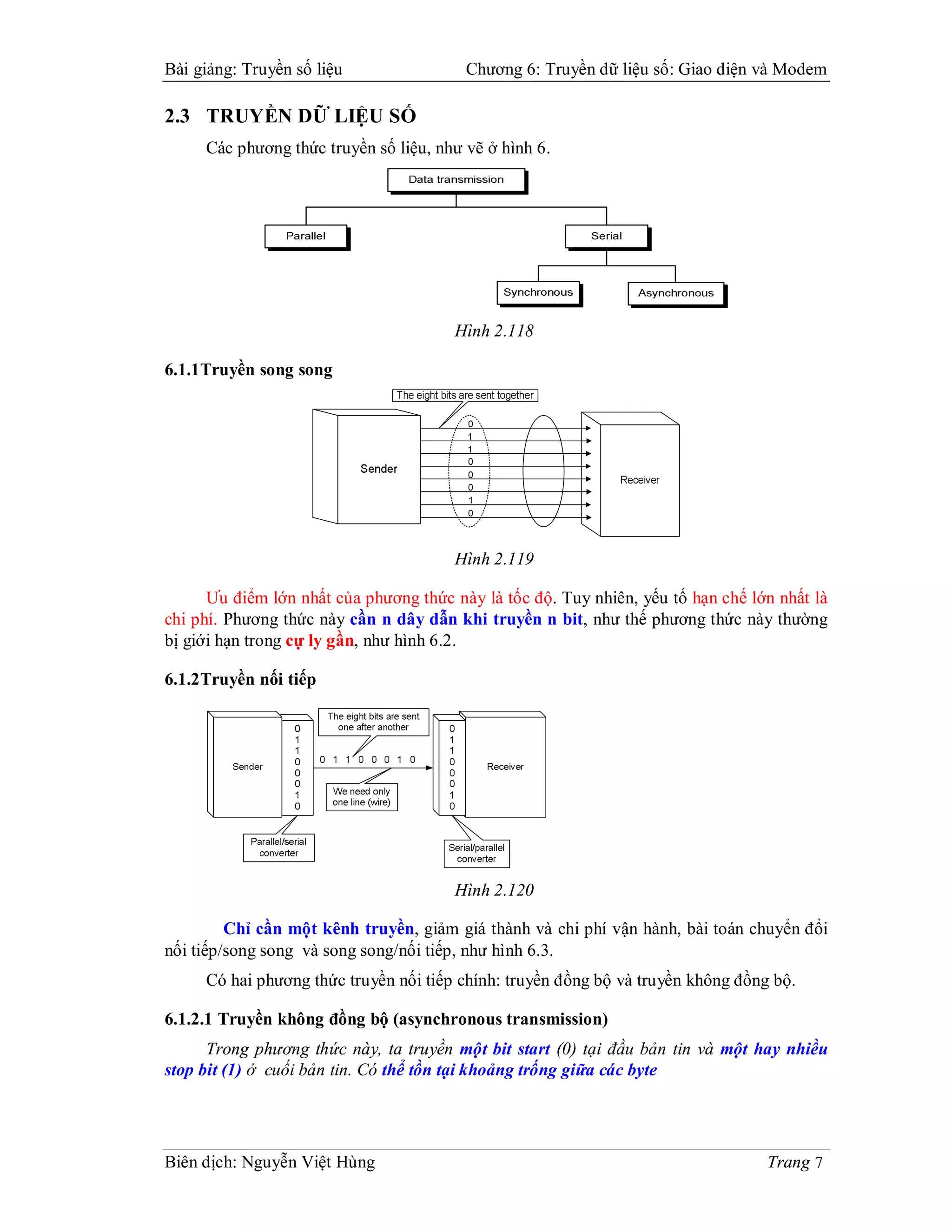 Bài giảng: Truyền số liệu                Chương 6: Truyền dữ liệu số: Giao diện và Modem

2.3 TRUYỀN DỮ LIỆU SỐ
     Các phương thức truyền số liệu, như vẽ ở hình 6.




                                       Hình 2.118

6.1.1Truyền song song




                                       Hình 2.119

      Ưu điểm lớn nhất của phương thức này là tốc độ. Tuy nhiên, yếu tố hạn chế lớn nhất là
chi phí. Phương thức này cần n dây dẫn khi truyền n bit, như thế phương thức này thường
bị giới hạn trong cự ly gần, như hình 6.2.

6.1.2Truyền nối tiếp




                                       Hình 2.120

         Chỉ cần một kênh truyền, giảm giá thành và chi phí vận hành, bài toán chuyển đổi
nối tiếp/song song và song song/nối tiếp, như hình 6.3.
     Có hai phương thức truyền nối tiếp chính: truyền đồng bộ và truyền không đồng bộ.

6.1.2.1 Truyền không đồng bộ (asynchronous transmission)
      Trong phương thức này, ta truyền một bit start (0) tại đầu bản tin và một hay nhiều
stop bit (1) ở cuối bản tin. Có thể tồn tại khoảng trống giữa các byte




Biên dịch: Nguyễn Việt Hùng                                                       Trang 7
 