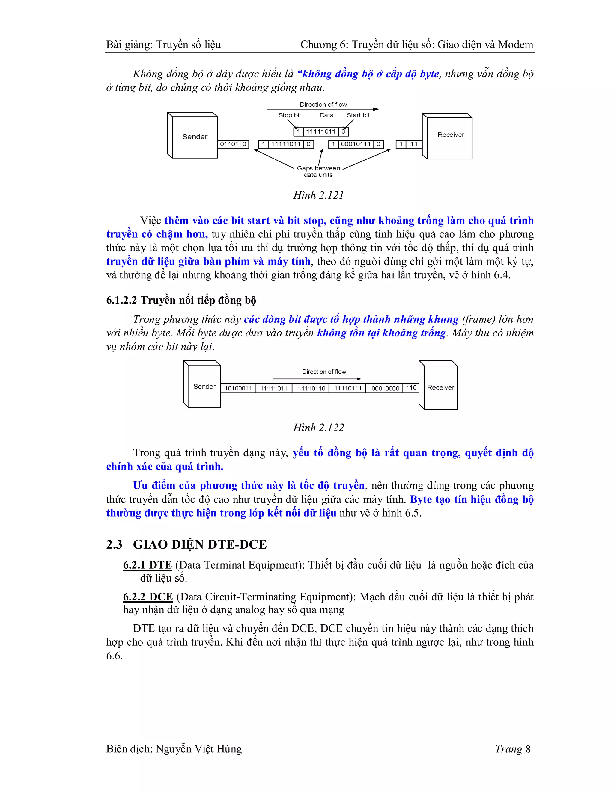 Bài giảng: Truyền số liệu                 Chương 6: Truyền dữ liệu số: Giao diện và Modem

      Không đồng bộ ở đây được hiểu là “không đồng bộ ở cấp độ byte, nhưng vẫn đồng bộ
ở từng bit, do chúng có thời khoảng giống nhau.




                                        Hình 2.121

       Việc thêm vào các bit start và bit stop, cũng như khoảng trống làm cho quá trình
truyền có chậm hơn, tuy nhiên chi phí truyền thấp cùng tính hiệu quả cao làm cho phương
thức này là một chọn lựa tối ưu thí dụ trường hợp thông tin với tốc độ thấp, thí dụ quá trình
truyền dữ liệu giữa bàn phím và máy tính, theo đó người dùng chỉ gởi một làm một ký tự,
và thường để lại nhưng khoảng thời gian trống đáng kể giữa hai lần truyền, vẽ ở hình 6.4.

6.1.2.2 Truyền nối tiếp đồng bộ
      Trong phương thức này các dòng bit được tổ hợp thành những khung (frame) lớn hơn
với nhiều byte. Mỗi byte được đưa vào truyền không tồn tại khoảng trống. Máy thu có nhiệm
vụ nhóm các bit này lại.




                                        Hình 2.122

     Trong quá trình truyền dạng này, yếu tố đồng bộ là rất quan trọng, quyết định độ
chính xác của quá trình.
      Ưu điểm của phương thức này là tốc độ truyền, nên thường dùng trong các phương
thức truyền dẫn tốc độ cao như truyền dữ liệu giữa các máy tính. Byte tạo tín hiệu đồng bộ
thường được thực hiện trong lớp kết nối dữ liệu như vẽ ở hình 6.5.

2.3 GIAO DIỆN DTE-DCE
   6.2.1 DTE (Data Terminal Equipment): Thiết bị đầu cuối dữ liệu là nguồn hoặc đích của
       dữ liệu số.
   6.2.2 DCE (Data Circuit-Terminating Equipment): Mạch đầu cuối dữ liệu là thiết bị phát
   hay nhận dữ liệu ở dạng analog hay số qua mạng
     DTE tạo ra dữ liệu và chuyển đến DCE, DCE chuyển tín hiệu này thành các dạng thích
hợp cho quá trình truyền. Khi đến nơi nhận thì thực hiện quá trình ngược lại, như trong hình
6.6.




Biên dịch: Nguyễn Việt Hùng                                                         Trang 8
 