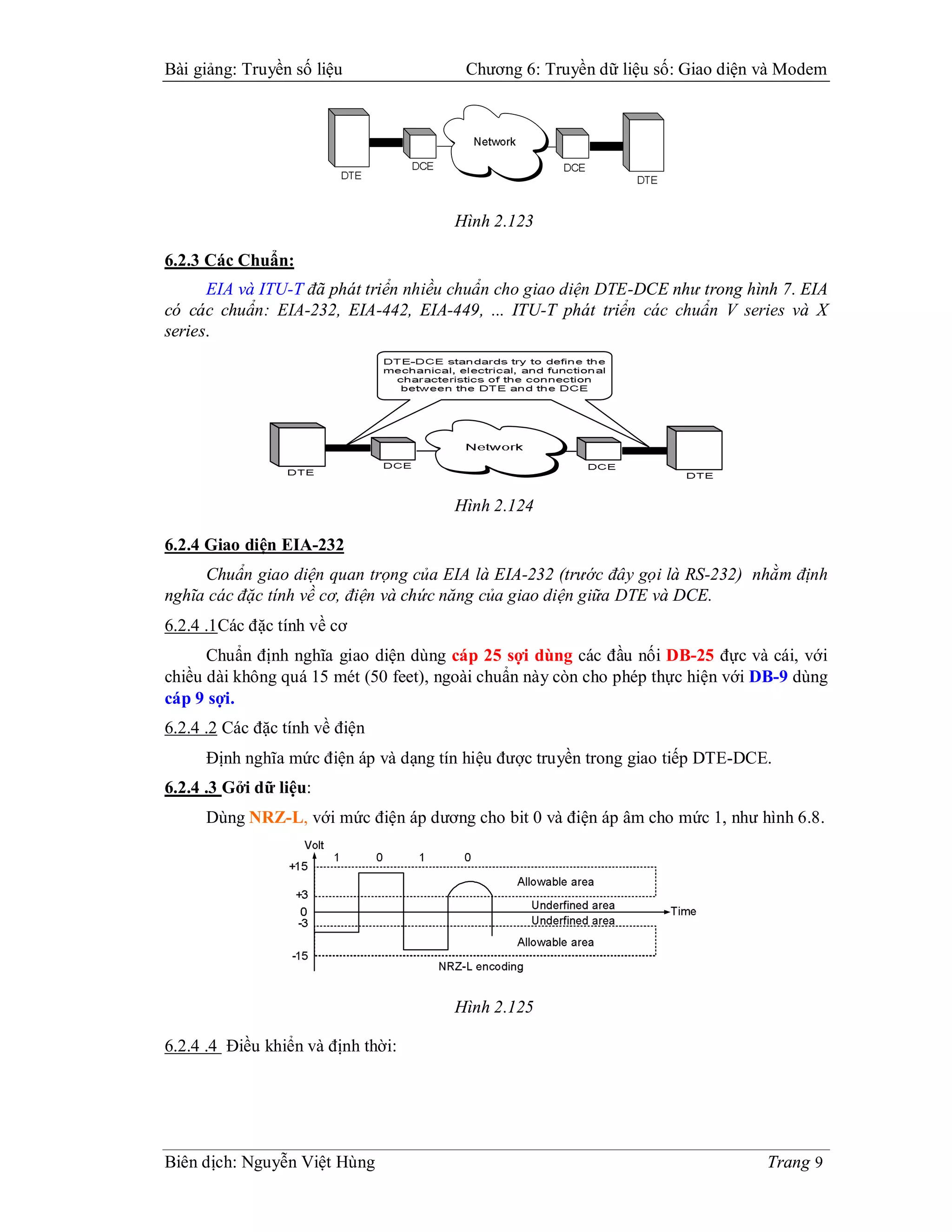 Bài giảng: Truyền số liệu               Chương 6: Truyền dữ liệu số: Giao diện và Modem




                                       Hình 2.123

6.2.3 Các Chuẩn:
      EIA và ITU-T đã phát triển nhiều chuẩn cho giao diện DTE-DCE như trong hình 7. EIA
có các chuẩn: EIA-232, EIA-442, EIA-449, ... ITU-T phát triển các chuẩn V series và X
series.




                                       Hình 2.124

6.2.4 Giao diện EIA-232
     Chuẩn giao diện quan trọng của EIA là EIA-232 (trước đây gọi là RS-232) nhằm định
nghĩa các đặc tính về cơ, điện và chức năng của giao diện giữa DTE và DCE.
6.2.4 .1Các đặc tính về cơ
      Chuẩn định nghĩa giao diện dùng cáp 25 sợi dùng các đầu nối DB-25 đực và cái, với
chiều dài không quá 15 mét (50 feet), ngoài chuẩn này còn cho phép thực hiện với DB-9 dùng
cáp 9 sợi.
6.2.4 .2 Các đặc tính về điện
      Định nghĩa mức điện áp và dạng tín hiệu được truyền trong giao tiếp DTE-DCE.
6.2.4 .3 Gởi dữ liệu:
      Dùng NRZ-L, với mức điện áp dương cho bit 0 và điện áp âm cho mức 1, như hình 6.8.




                                       Hình 2.125

6.2.4 .4 Điều khiển và định thời:




Biên dịch: Nguyễn Việt Hùng                                                      Trang 9
 